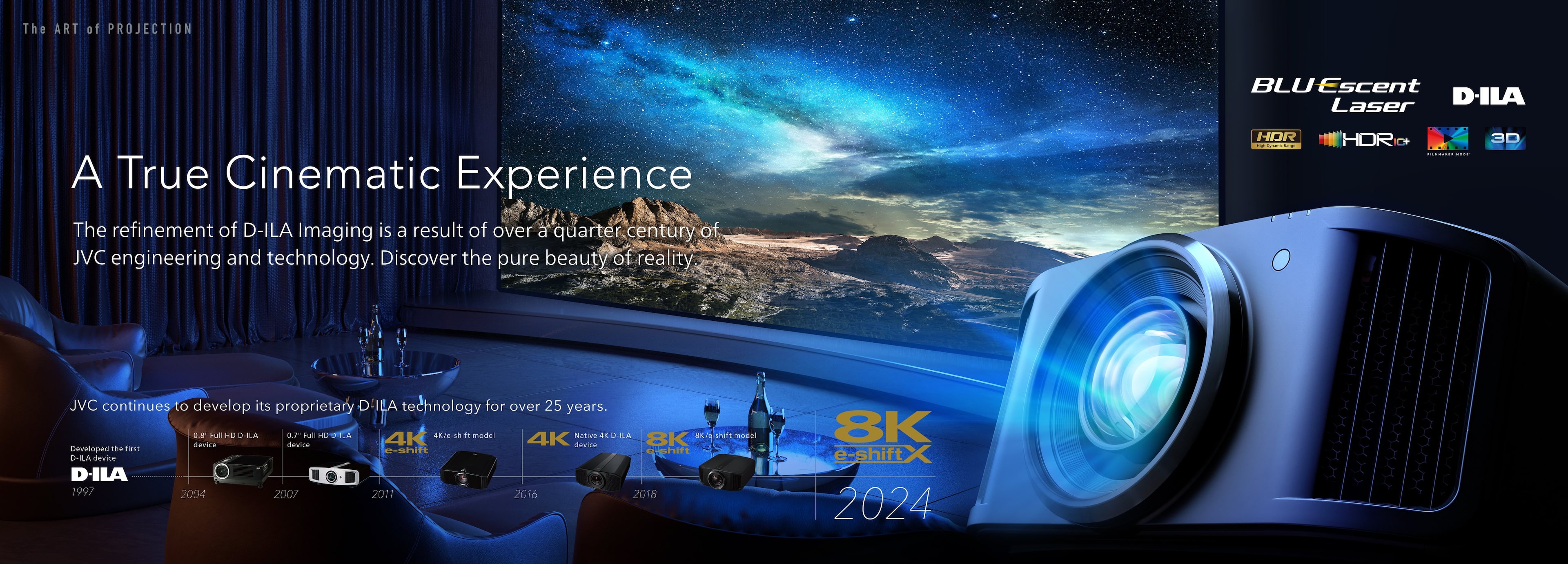 The Art of Projection: Blu Escent Laser DILA A True Cinematic Experience. The refinement of D-ILA Imaging is a result of over a quarter century of JVC engineering and technology. Discover the pure beauty of reality. HDR: 3D JVC continues to develop its proprietary D-ILA technology for over 25 years. Full PDRA aF Fl HD TIA a/-shift model Native K RA ER ESNn moee devira device 4K 4K device 8K Developed The frv e-shift e-shn 28A device D-ILA 1997 2004 2007 2011 2016 2018 8K e-shiftX 2024