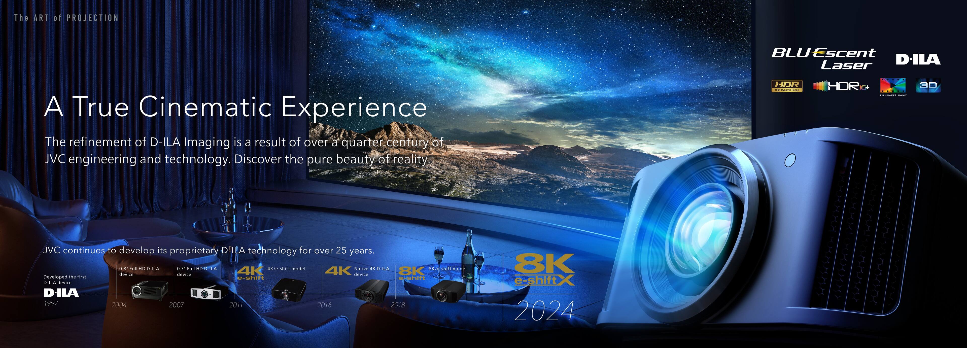 The Art of Projection: Blu Escent Laser DILA A True Cinematic Experience. The refinement of D-ILA Imaging is a result of over a quarter century of JVC engineering and technology. Discover the pure beauty of reality. HDR: 3D JVC continues to develop its proprietary D-ILA technology for over 25 years. Full PDRA aF Fl HD TIA a/-shift model Native K RA ER ESNn moee devira device 4K 4K device 8K Developed The frv e-shift e-shn 28A device D-ILA 1997 2004 2007 2011 2016 2018 8K e-shiftX 2024