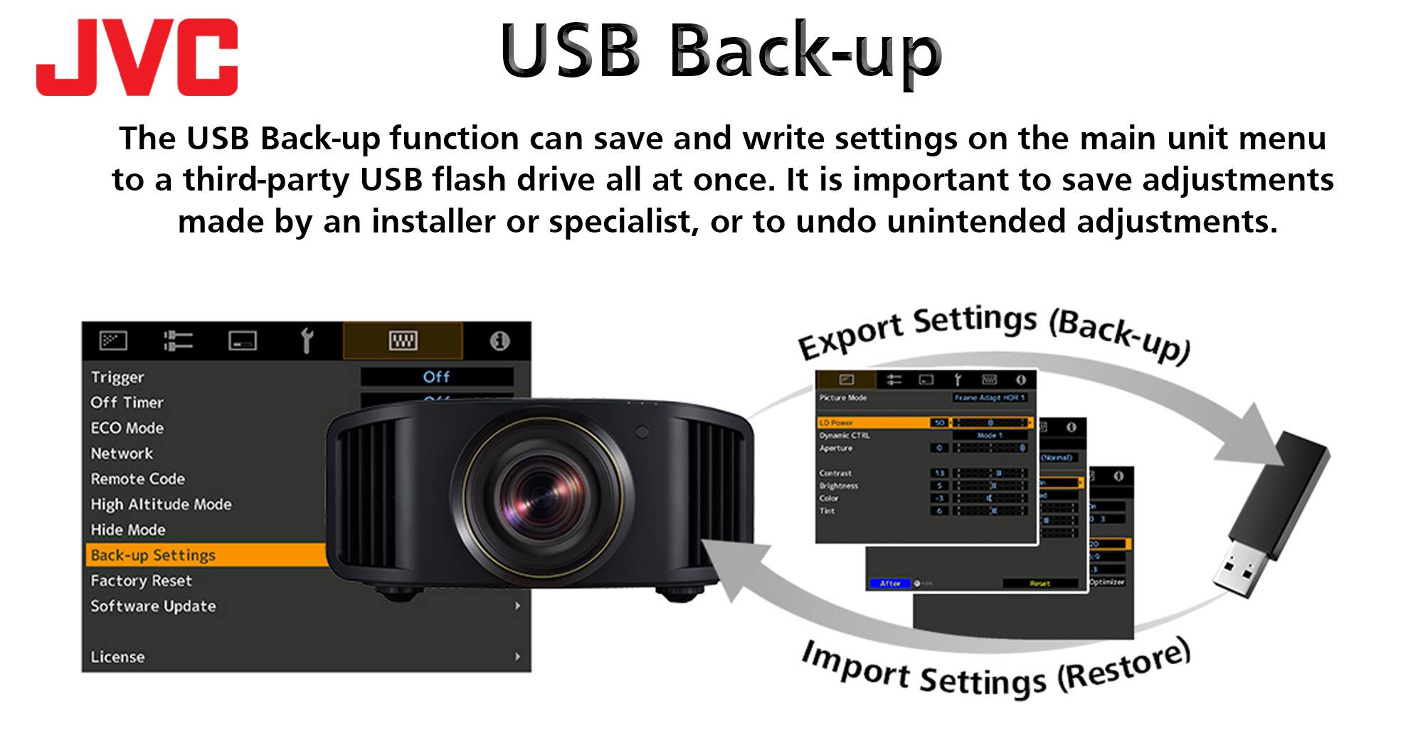 JVC USB Back-up: The USB Back-up function can save and write settings on the main unit menu to a third-party USB flash drive all at once. It is important to save adjustments made by an installer or specialist, or to undo unintended adjustments.
Trigger Off Timer: ECO Mode, Network Remote Code, High Altitude Mode, Hide Mode, Back-up Settings, Factory Reset, Software Update, License, W Off, Export Settings (Back-up), Picture Mode, Frame Adjustment, HOR 1 LD Power 50, Dynamic CTRL Motion 1, Aperture, Color, Tit 6.3, Do 3, After Reset, Optiminer, Import Settings (Restore).