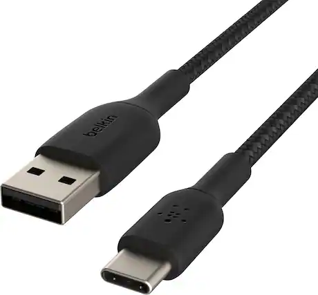Front. Belkin - BOOST↑CHARGE Braided USB-C to USB-A Cord 3.3ft for iPhone 17 Series, Samsung, Google Pixel 9 & 10, iPad Pro & More - Black.