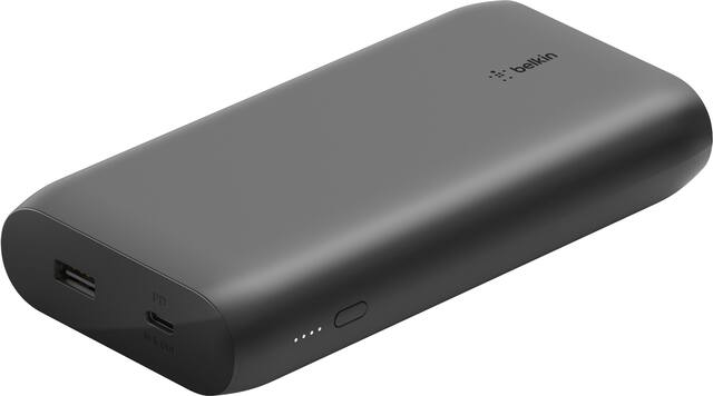 Front. Belkin - BOOST↑CHARGE USB-C Portable Charger 20K Power Bank with 1 USB-C Port and 1 USB-A Port; Cable Included - Black.