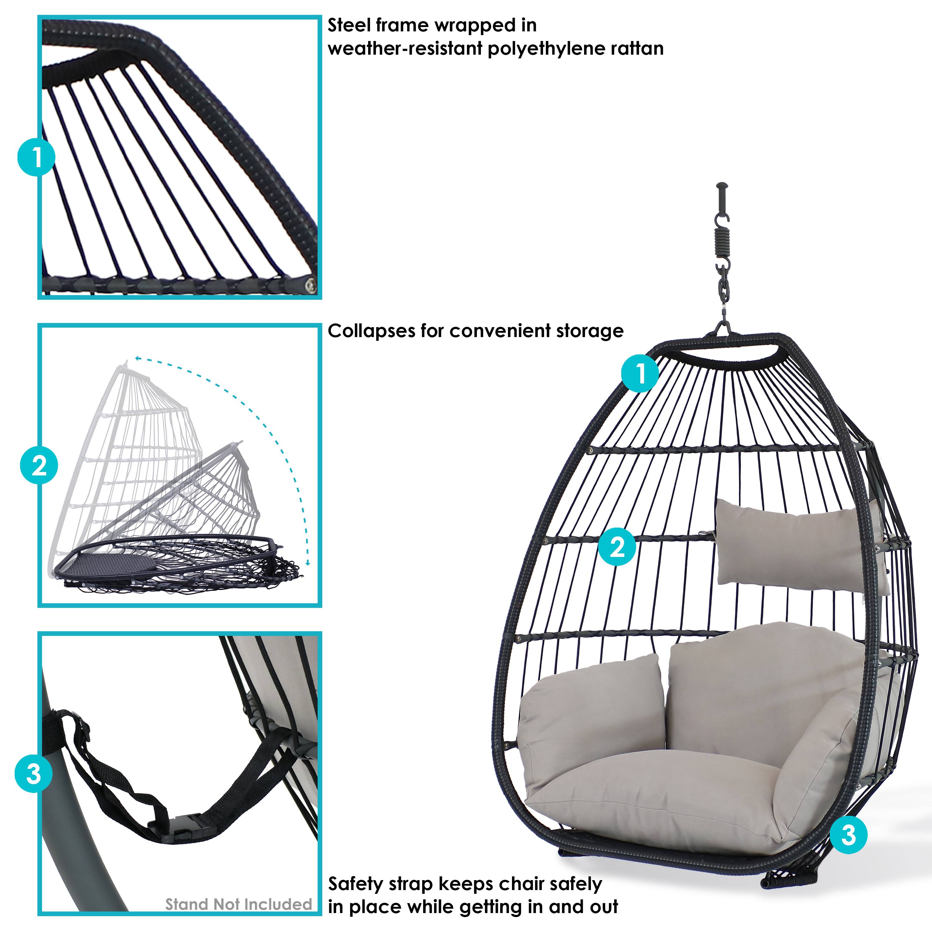 1. Steel frame wrapped in weather-resistant polyethylene rattan
2. Collapses for convenient storage
3. Safety strap keeps chair safely in place while getting in and out
Stand Not Included