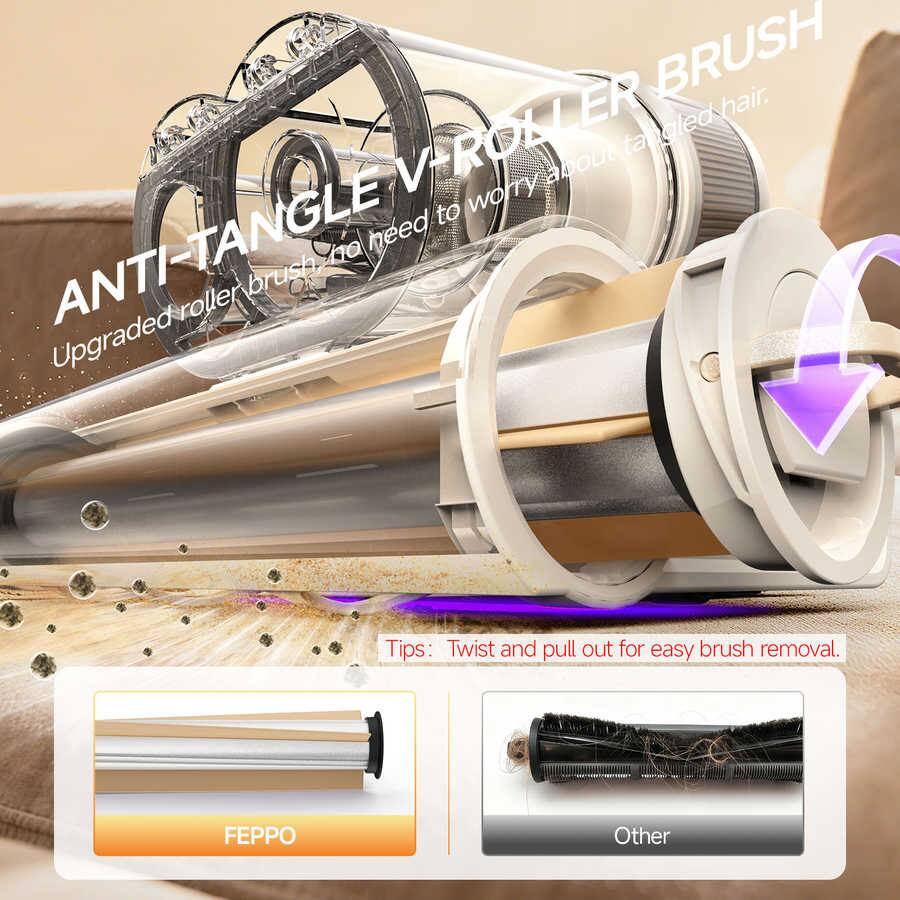 ANTI-TANGLE V-ROLLER BRUSH  
Upgraded roller brush, no need to worry about tangled hair.  

Tips: Twist and pull out for easy brush removal.  

FEppo  
Other