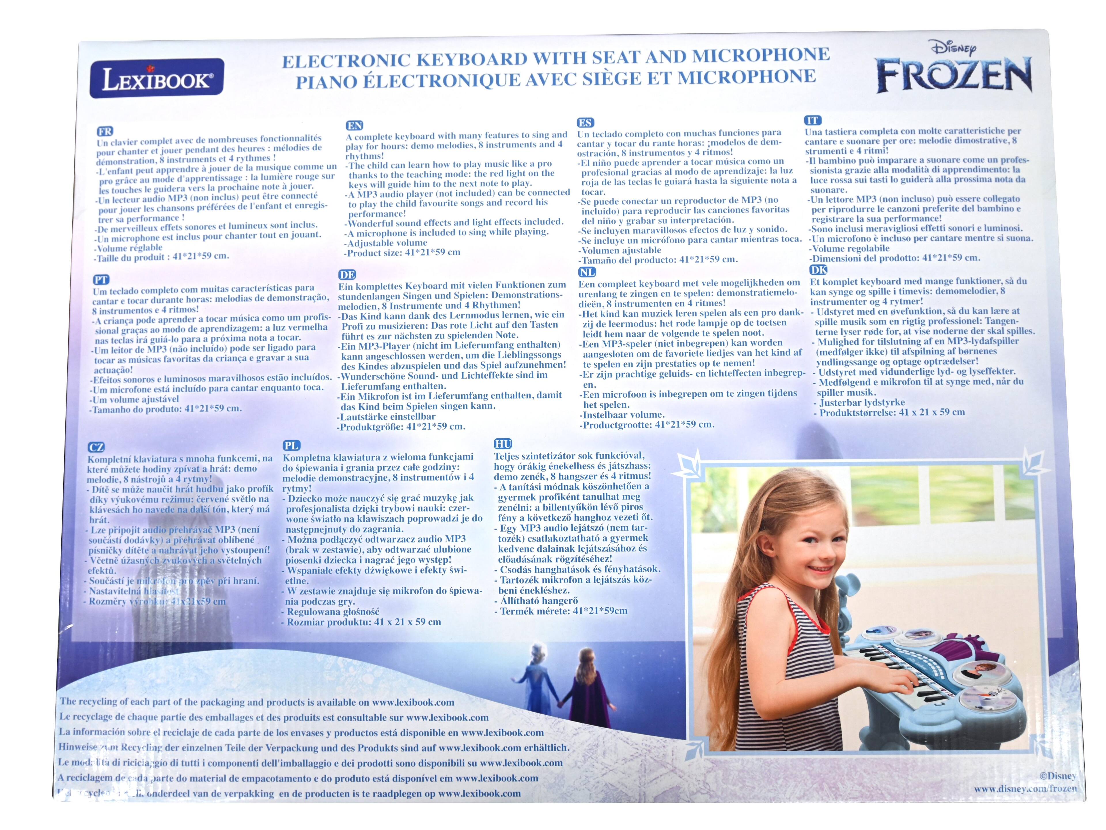 **ELECTRONIC KEYBOARD WITH SEAT AND MICROPHONE**

**PIANO ÉLECTRONIQUE AVEC SIÈGE ET MICROPHONE**

**Complete Keyboard with many features to sing and play:**

- Play and sing with 8 instruments and 4 rhythms!
- The child can learn to play music like a professional: the red light on the keys will guide him to the next note to play.
- The teaching mode: the child can connect his favorite MP3 player to play his favorite songs while playing.
- Sound effects and light effects included.
- Adjustable volume.
- Size: 41" x 21" x 59 cm.

**Teclado completo con muchas características para tocar y cantar:**

- Un niño puede aprender a tocar música como un profesional gracias al modo de aprendizaje: las teclas guiarán para la próxima nota a tocar.
- Incluye un lector de MP3 (no incluido) para reproducir las canciones favoritas del niño mientras toca.
- Efectos de sonido y luminosos maravillosos están incluidos.
- Volumen ajustable.
- Tamaño: 41" x 21" x 5