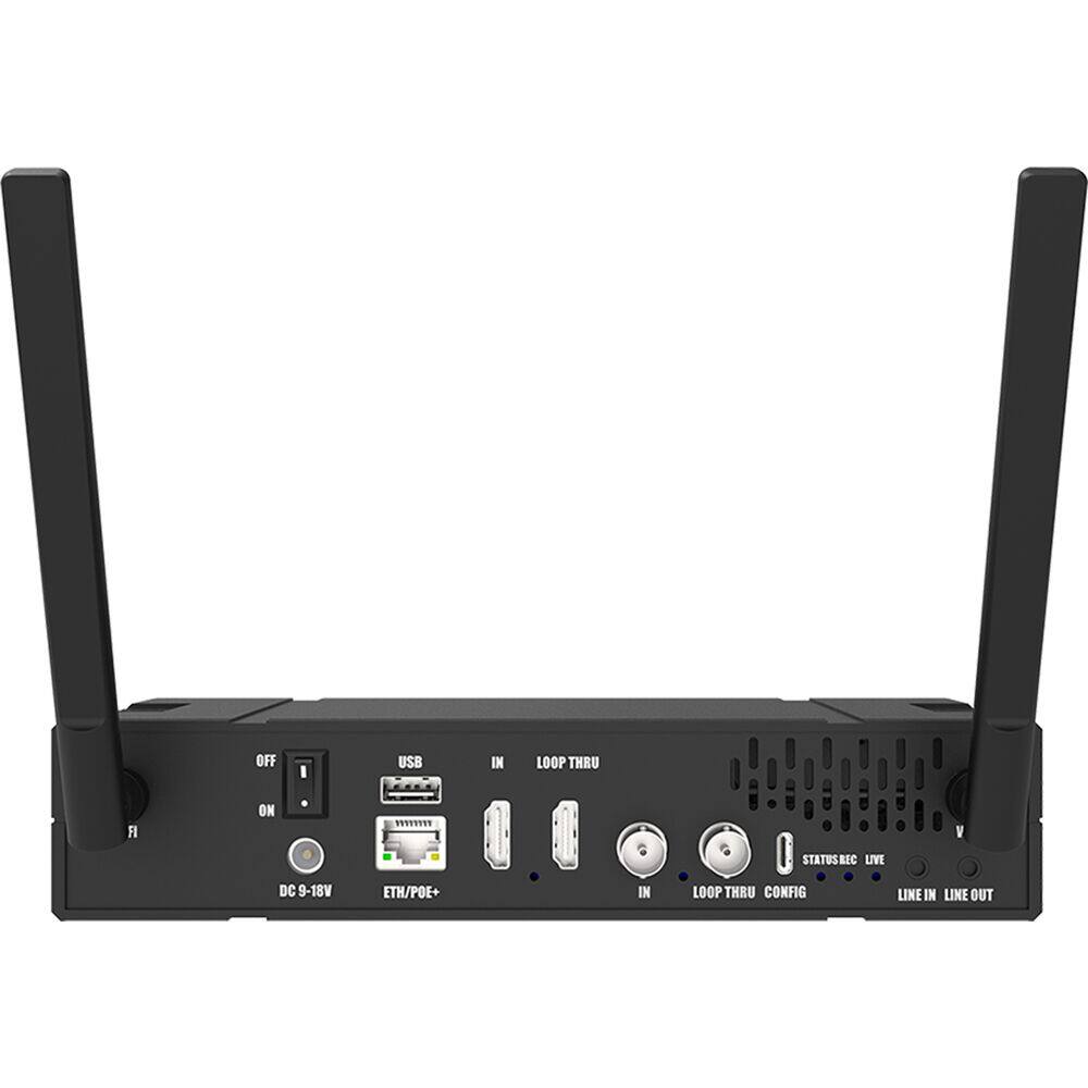 OFF ON  
USB  
IN  
LOOP THRU  
STATUS REC LIVE  
DC 9-18V  
ETH/POE+  
IN  
LOOP THRU  
CONFIG  
LINE IN LINE OUT