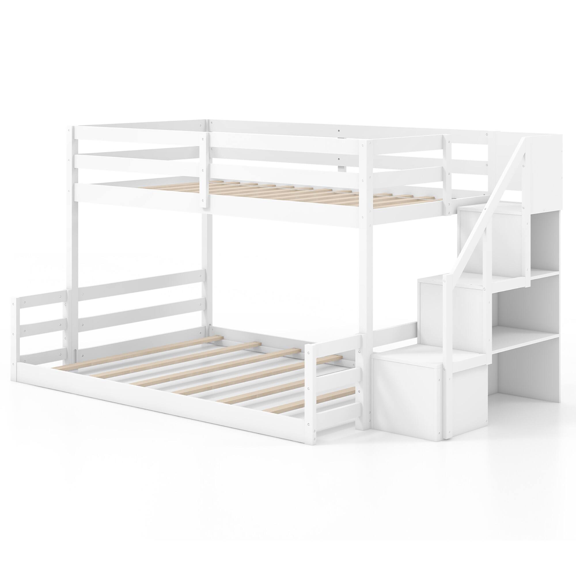 Alt View 1. Gymax - Gymax Twin Over Full Low Bunk Bed w/ Storage Stairs w/ Full-length Guardrails - White.