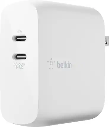 Front. Belkin - BoostCharge Pro Dual USB-C PD GaN Wall Charger 68W - White.