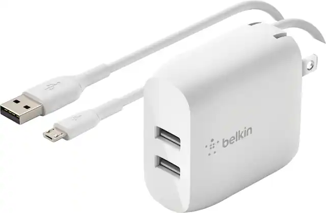 Front. Belkin - BoostCharge Dual USB-A Wall Charger 24W with USB-A to Micro-USB cable - White.