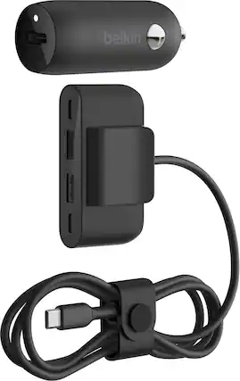 Front. Belkin - BoostCharge 30W USB-C Car Charger with 4-port USB power extender - Black.