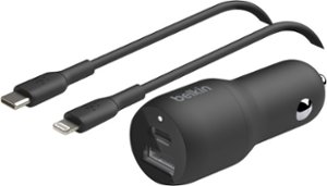 Belkin - BoostCharge Dual Car Charger with PPS 37W with USB-C to Lightning Cable - Black - Front_Zoom