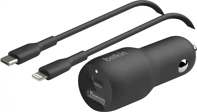 Front. Belkin - BoostCharge Dual Car Charger with PPS 37W with USB-C to Lightning Cable - Black.