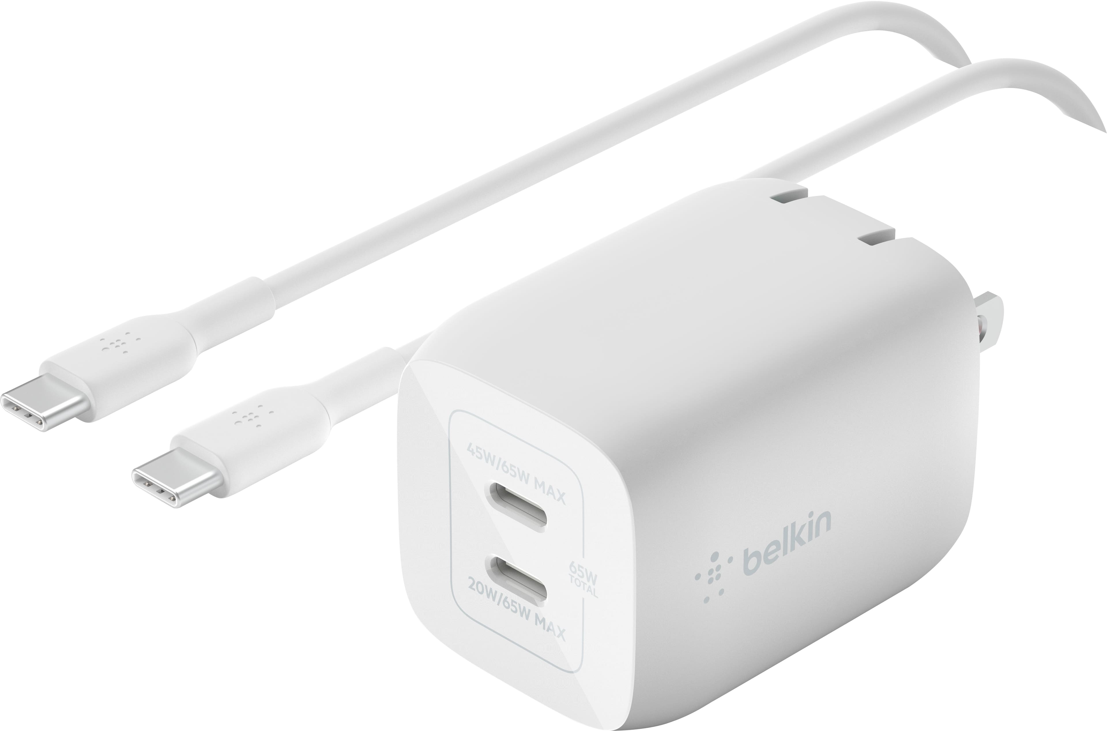 Belkin - BOOST↑CHARGE Pro Dual USB-C GaN Wall Charger with PPS 65W with USB-C to USB-C Cable - White - Front_Zoom