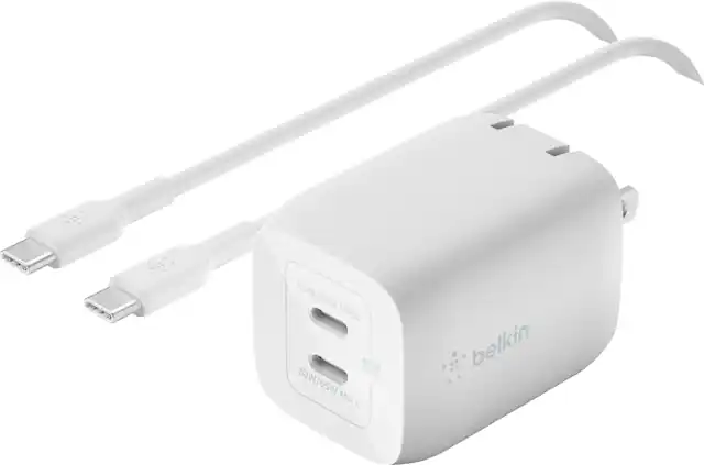 Front. Belkin - BoostCharge Pro Dual USB-C GaN Wall Charger with PPS 65W with USB-C to USB-C Cable - White.
