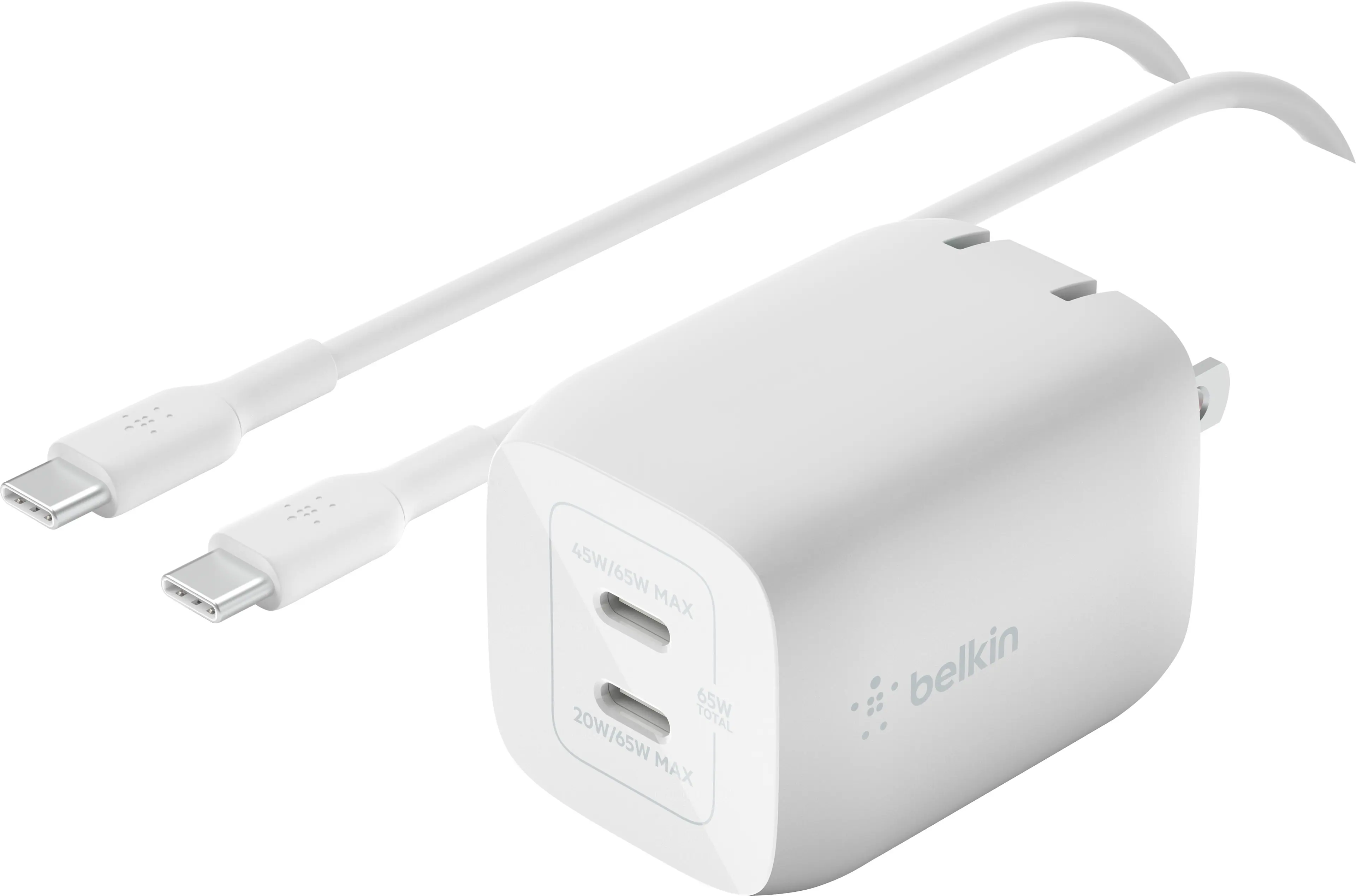 Belkin - BOOST↑CHARGE Pro Dual USB-C GaN Wall Charger with PPS 65W with USB-C to USB-C Cable - White