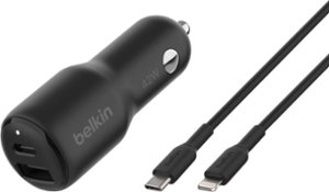 Belkin - BoostCharge Dual Car Charger 42W with USB-C to Lightning Cable - Black - Front_Zoom