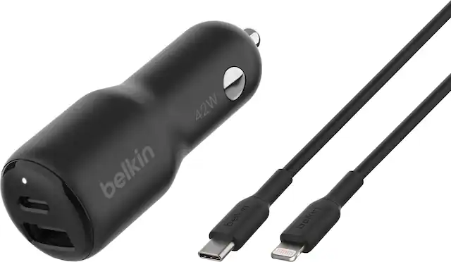Front. Belkin - BoostCharge Dual Car Charger 42W with USB-C to Lightning Cable - Black.