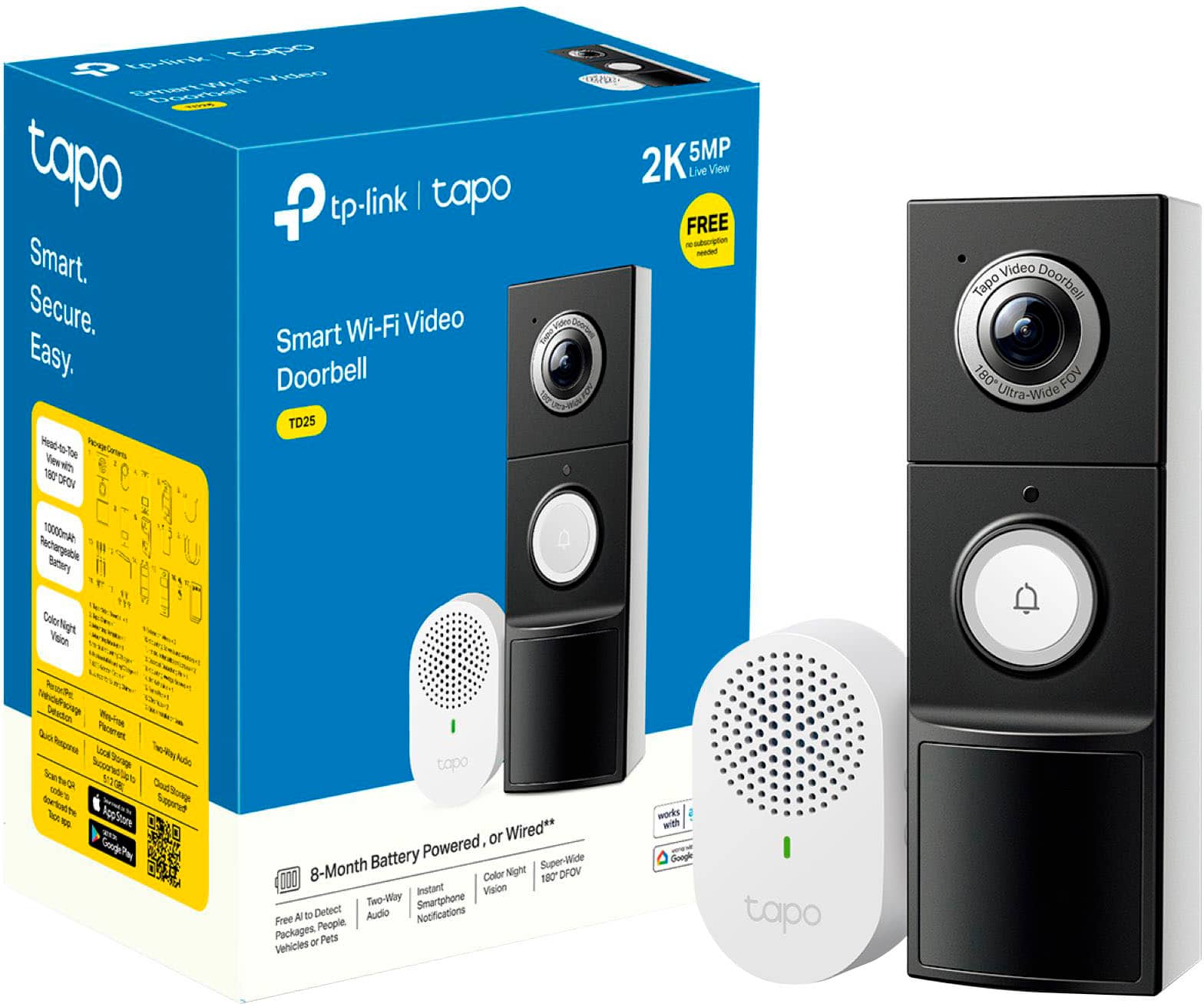 The image shows a box containing a Tapo Smart Wi-Fi Video Doorbell and a Tapo Smart Wi-Fi Camera. The box is blue and has a yellow tag with the Tapo logo on it. The doorbell and camera are both battery-powered and come with a free smartphone app for easy setup and use. The camera has a wide-angle lens for a clear view of the surroundings, and the doorbell has a built-in speaker and microphone for clear audio notifications. The box also includes a user manual for easy installation and setup.