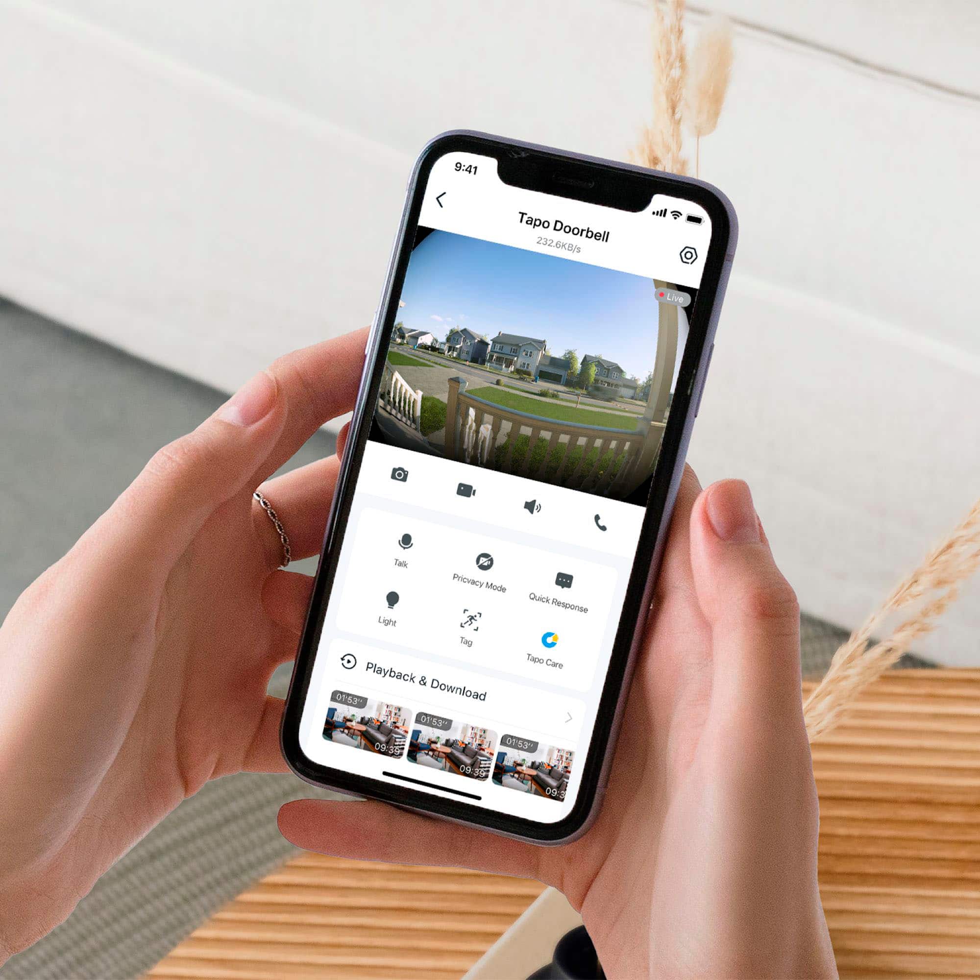 The text on the image reads: "9:41 Tapo Doorbell 232.6K8/s utl Live . af a1 Salk & Priovacy Mode Quick Response Light Tag Tapo Care Playback & 0T-53 Download DEAN DO 0183 D9 09".