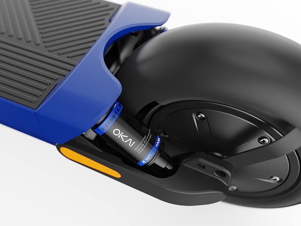 The image features a blue scooter with a black wheel and a blue seat. The scooter is equipped with an OKAI motor, and there are two bottles attached to it. The scooter is placed on a white background, making it stand out.