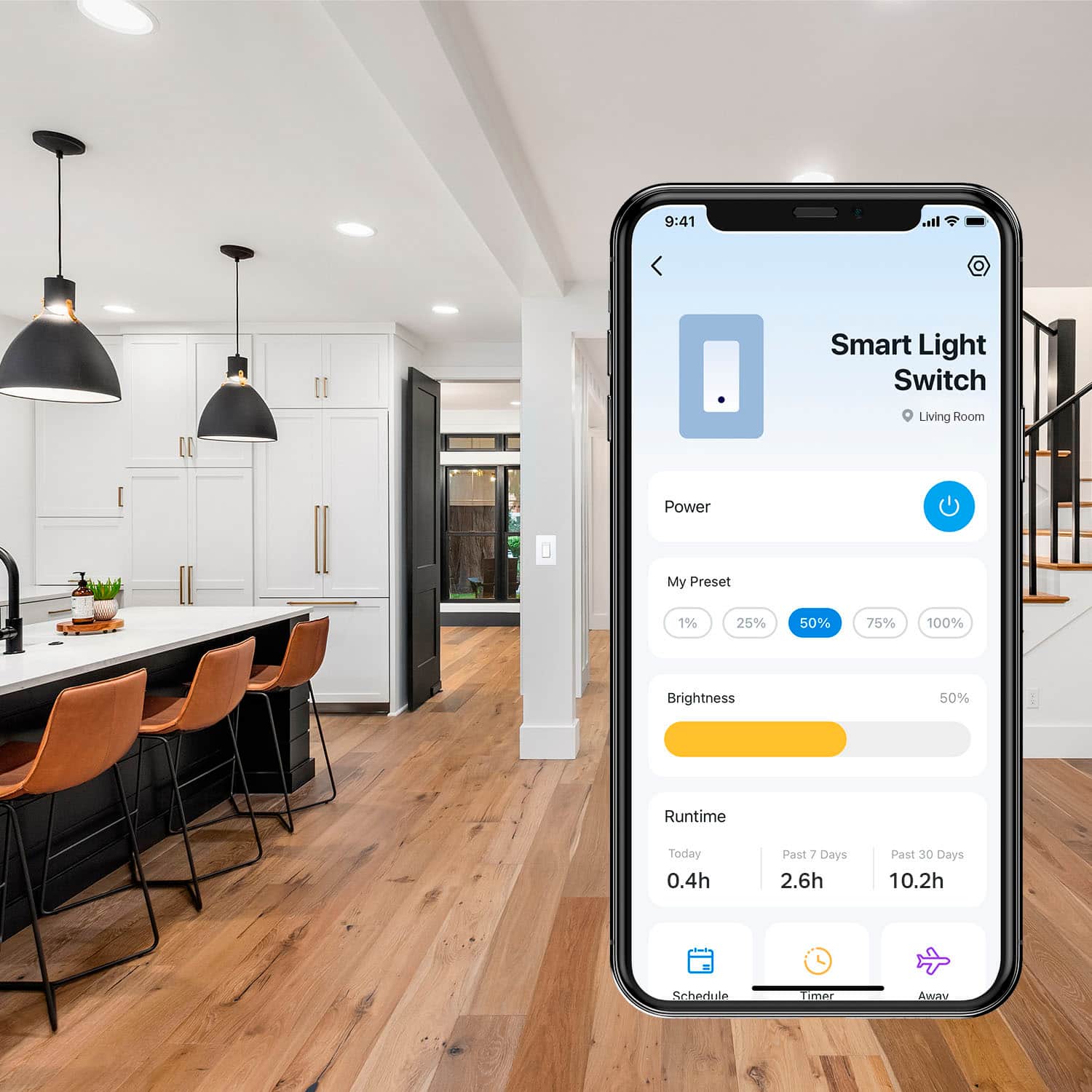 The text on the image reads: "Smart Light Switch Living Room Power My Preset 1% 25% 50% 75% 100% Brightness 50% Runtime Today 0.4h Past 7 Days 2.6h Past 30 Days 10.2h Schedule Every 30 Minutes."