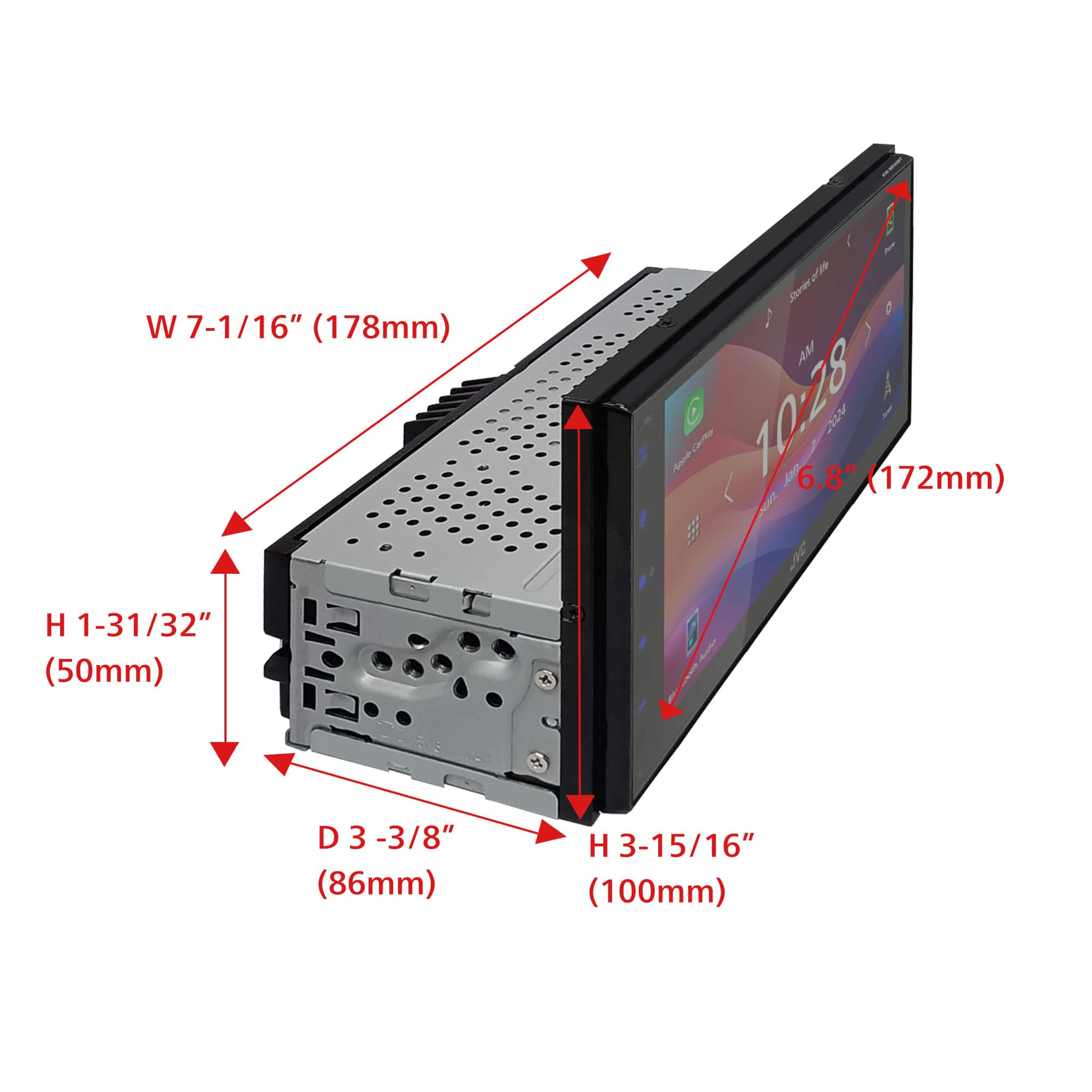 The image shows a device with a screen, and the dimensions are labeled in red. The device measures 6.8 inches (172mm) in width, and the screen is 10.28 inches (261mm) in height. The device is 1-31/32 inches (50mm) in height, and the screen is 3-3/8 inches (86mm) in height. The device is also 3-15/16 inches (100mm) in height.