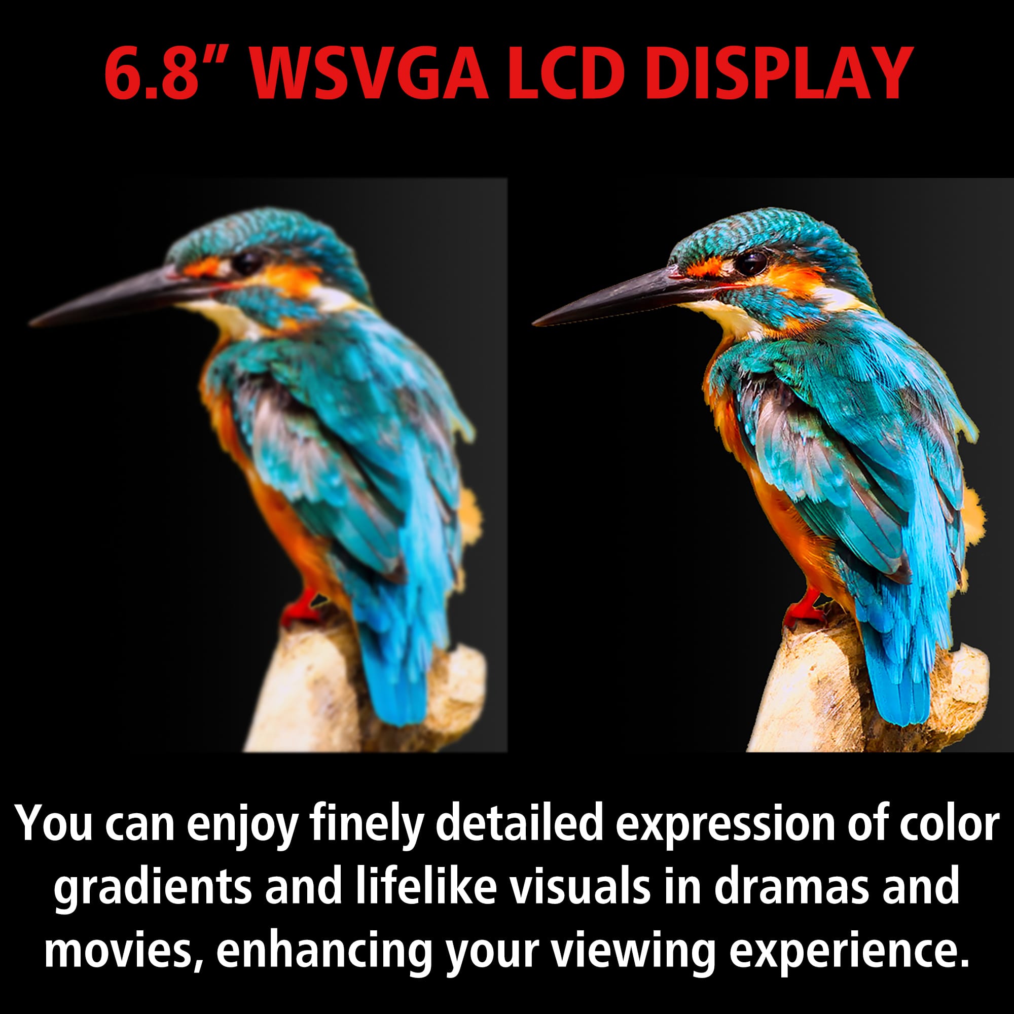 You can enjoy finely detailed expression of color gradients and lifelike visuals in dramas and movies, enhancing your viewing experience with a 6.8" WSVGA LCD display.