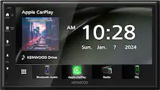 The image features a digital display with a clock showing the time as 10:28. The display also shows the date, which is January 7, 2024. The screen is divided into two sections, with the top section displaying the time and date, and the bottom section showing the Apple CarPlay logo, indicating that the car is equipped with this feature. The display is likely part of a car's dashboard or a personal electronic device.