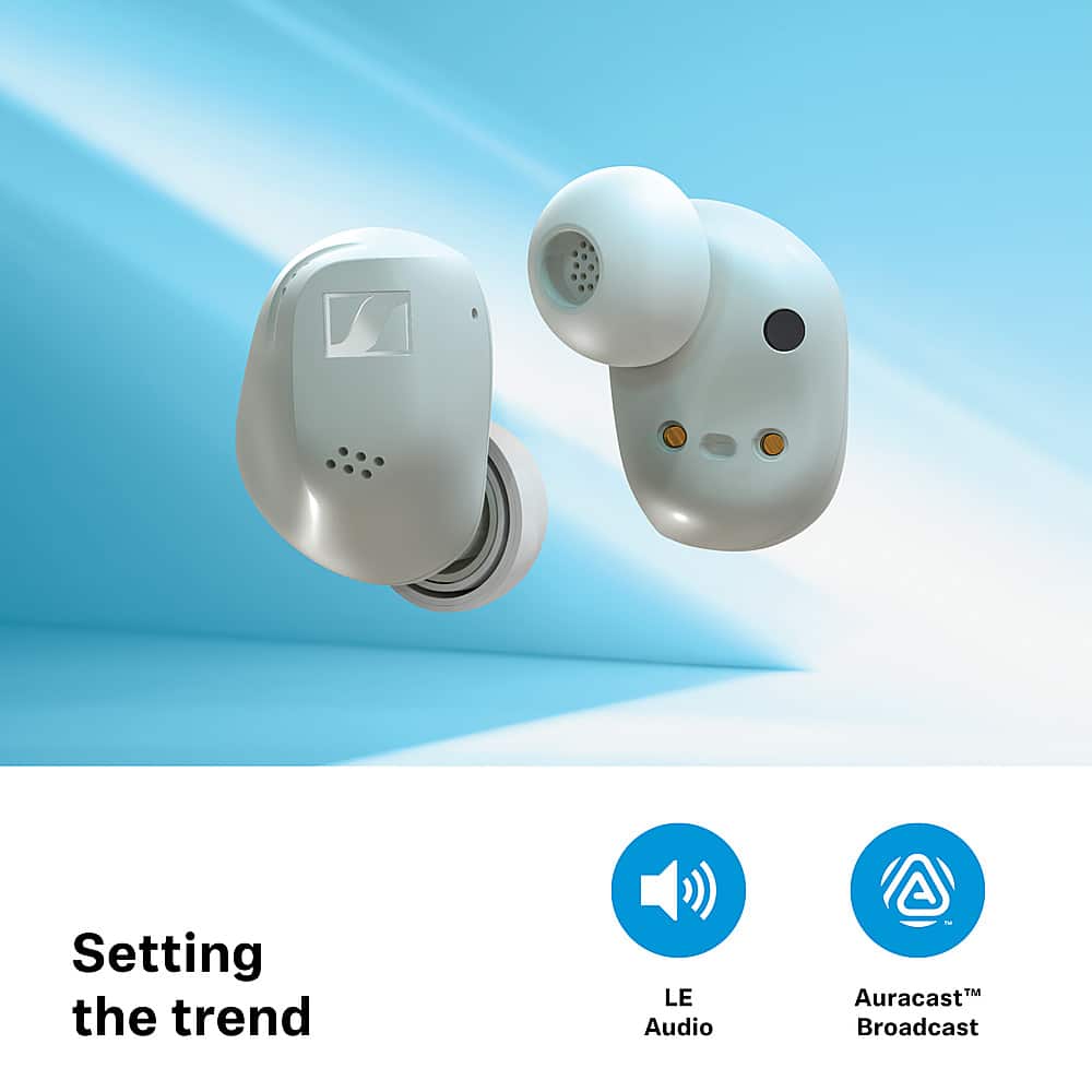 The image features two white earphones, which are likely part of a new trend in audio technology. The earphones are placed on a blue background, and the image is accompanied by text that reads "Setting the trend LE Audio Auracast Broadcast." This suggests that the earphones are a part of a new audio broadcasting technology, possibly offering improved sound quality and user experience.