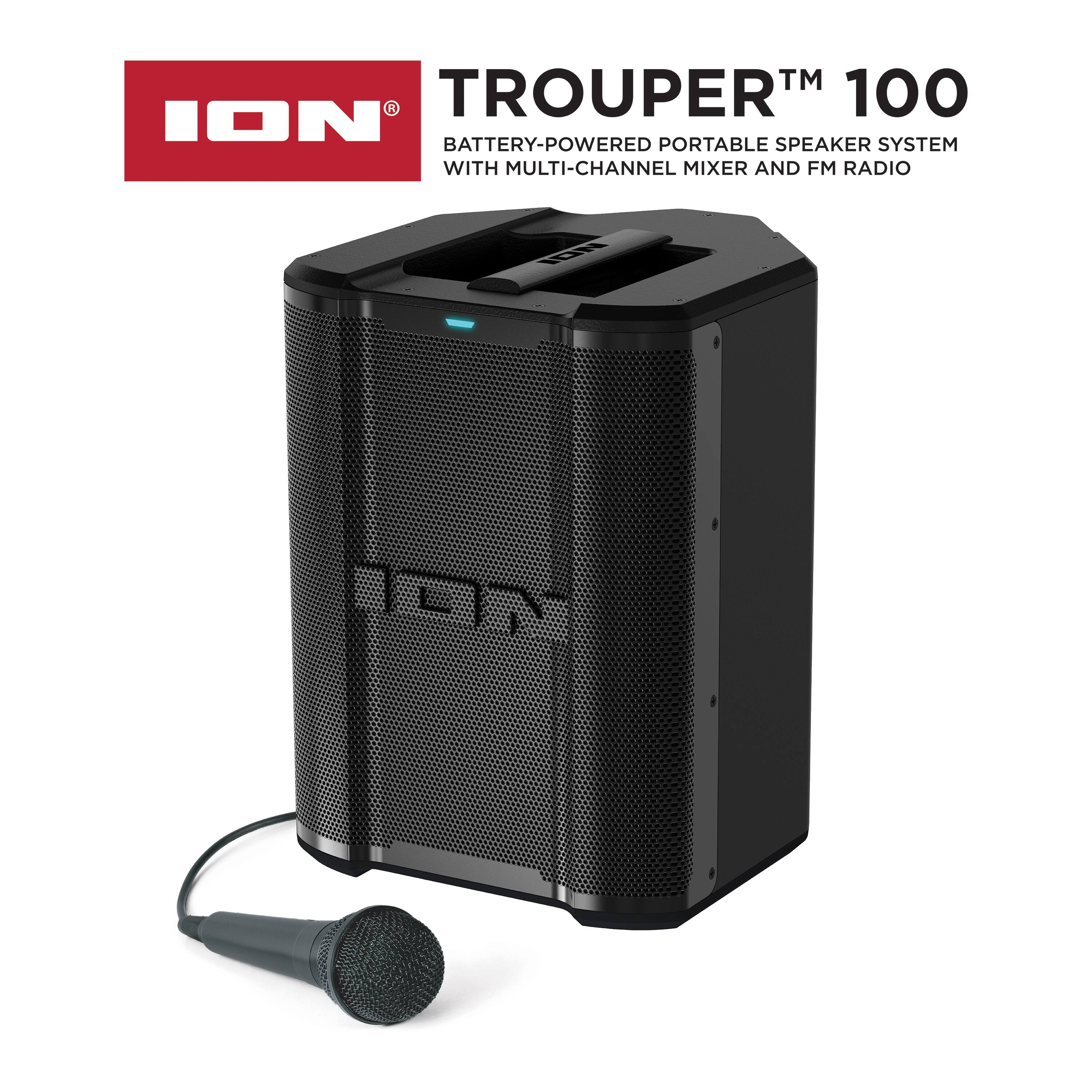 TM R Trouper 100 ION Battery-Powered Portable Speaker System with Multi-Channel Mixer and FM Radio.