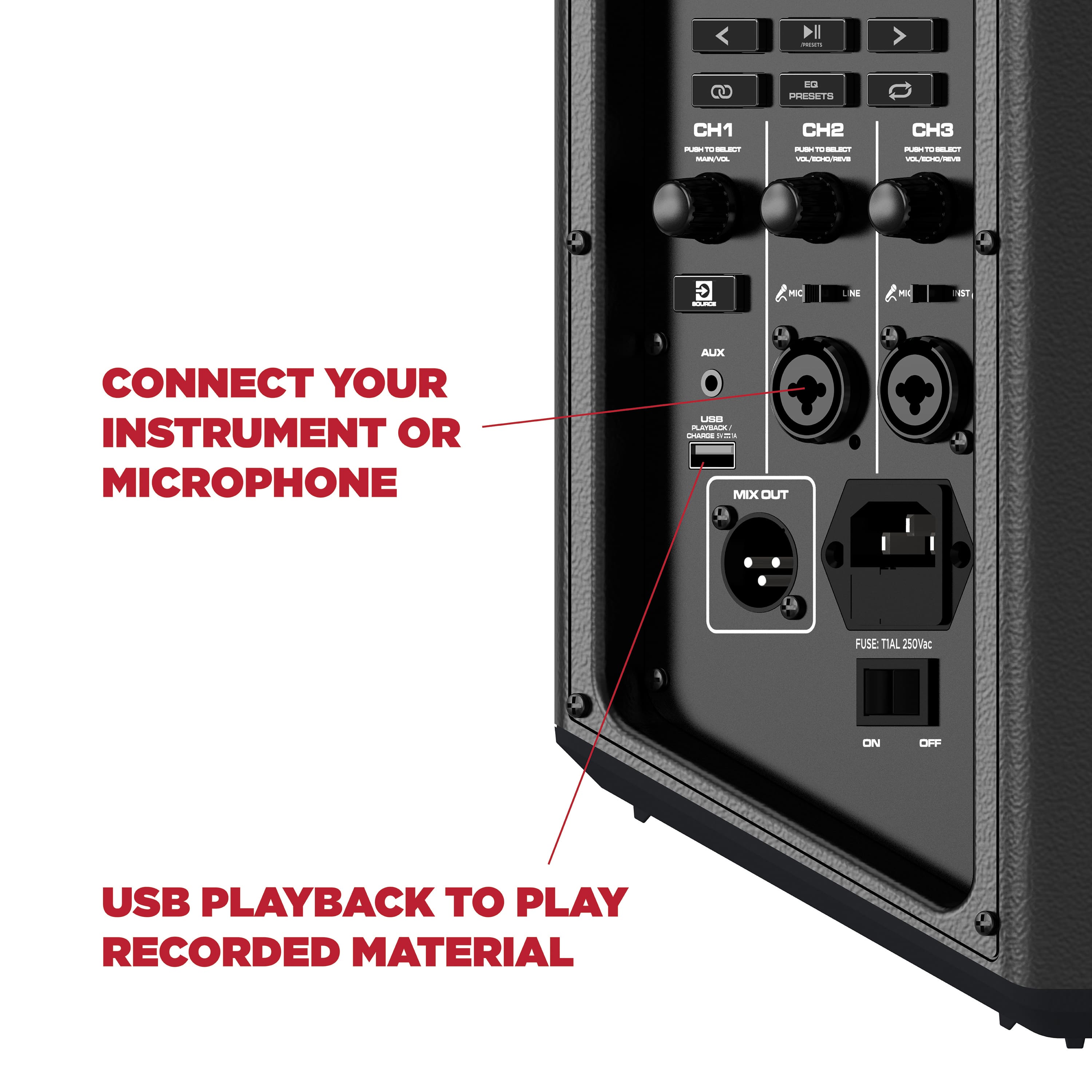 Connect your instrument or microphone to the AUX IN or MIC IN. Mix the input on the MIXER. USB playback to play recorded material.