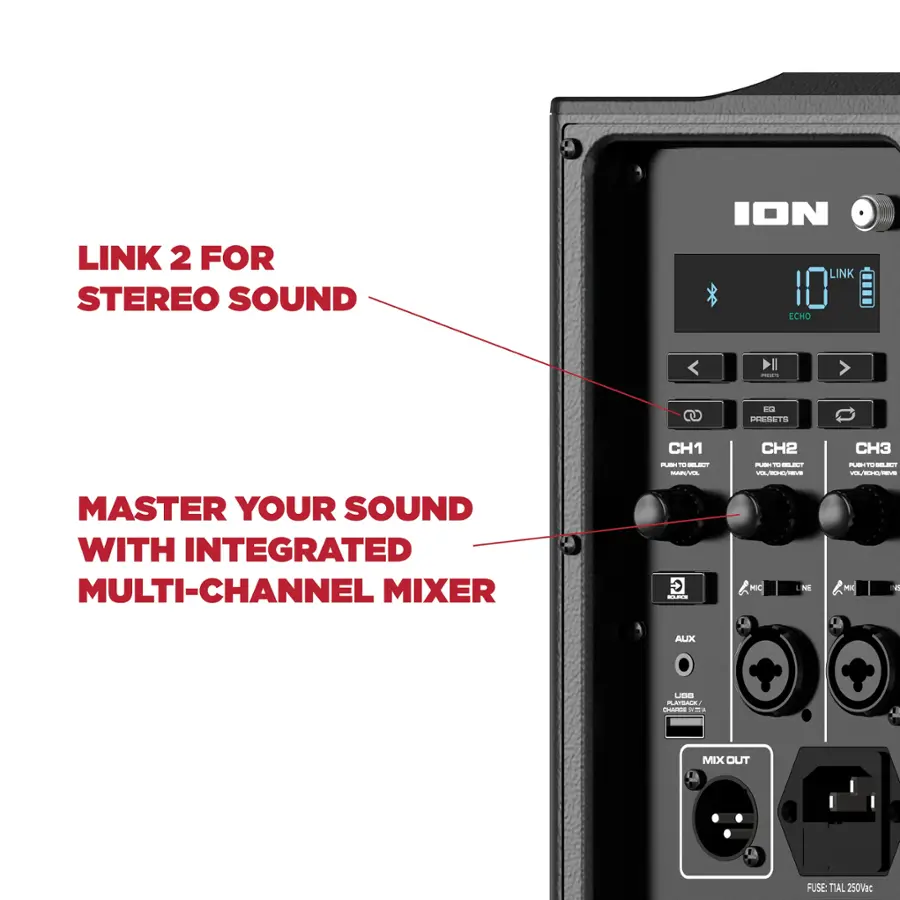 The text on the image is grouped and corrected as follows:

LINK 2 FOR STEREO SOUND
ION LINK ECHO II - E PRESETS
CH1 - - - - - - - - - - - - - - - - - - - - - - - - - - - - - - - - - - - - - - - - - - - - - - - - - - - - - - - - - - - - - - - - - - - - - - - - - - - - - - - - - - - - - - - - - - - - - - - - - - - - - - - - - - - - - - - - - - - - - - - - - - - - - - - - - - - - - - - - - - - - - - - - - - - - - - - - - - - - - - - - - - - - - - - - - - - - - - - - - - - - - - - - - - - - - - - - - - - - - - - - - - - - - - - - - - - - - - - - - - - - - - - - - - - - - - - - - - - - - - - - - - - - - - - - - - - - - - - - - - - - - - - - - - - - - - - - - - - - - - - - - - - - - - - - - - - - - - - - - - - - - - - - - - - - - - - - - - - - - - - - - - - - - - - - - - - - - - - - - - - - - - - - - - - - - - - - - - - - - - - - - - - - - - - - - - - - - - - - - - - - - - - - - - - - - - - - - - - - - - - - - - - - - - - - - - - - - - - - - - - - - - - - - - - - - - - - - - - - - - - - - - - - - - - - - - - - - - - - - - - - - - - - - - - - - -