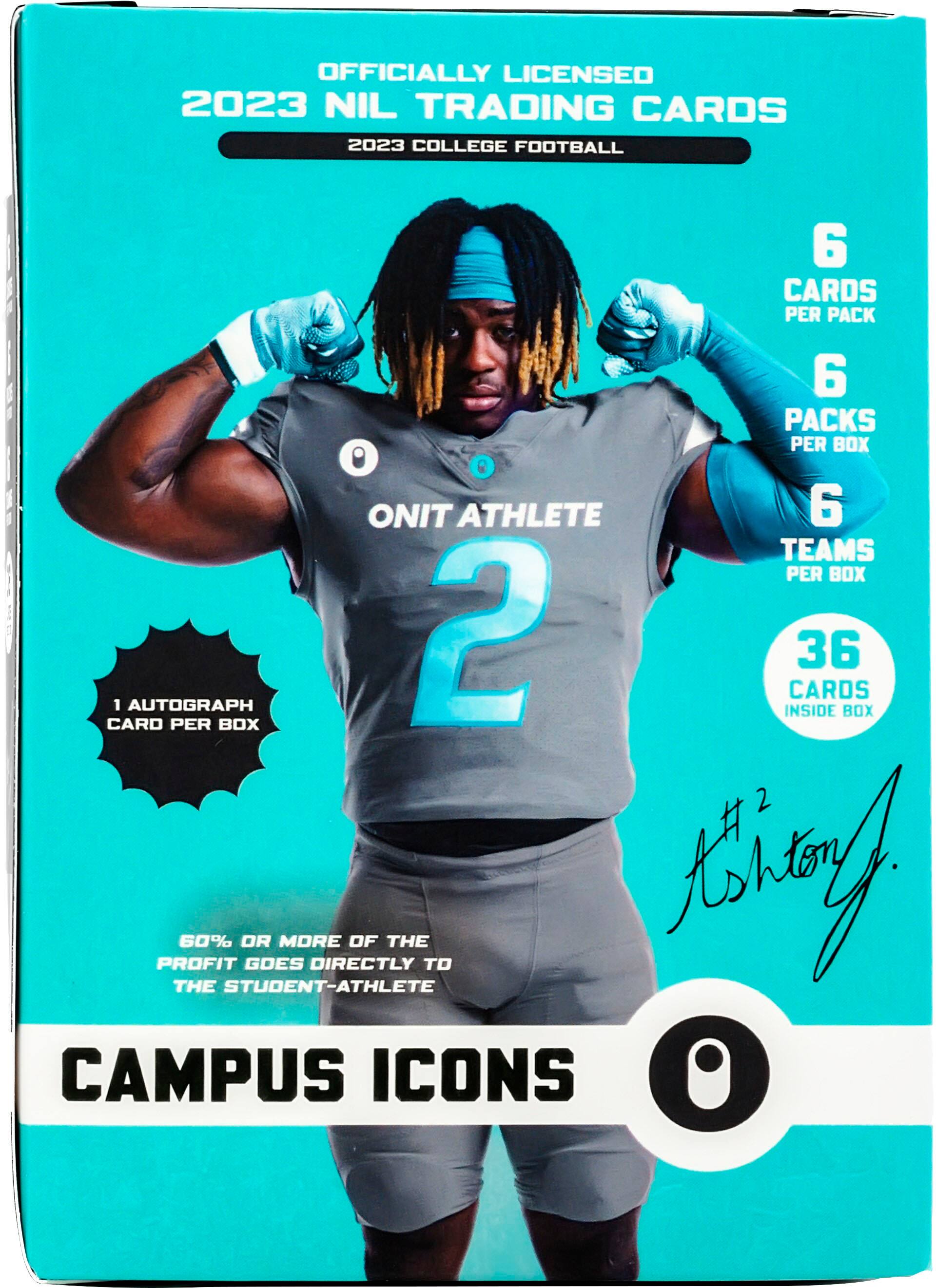 The text on the image is grouped and corrected as follows:

"Officially Licensed 2023 NIL Trading Cards. 2023 College Football. 6 Cards Per Pack. 6 Packs Per Box. Onit Athlete. 6 Teams Per Box. Card 1 Autograph Per Box. 2 Inside Cards. 36 Box. 2% Profit Goes Directly To The Student-Athlete."