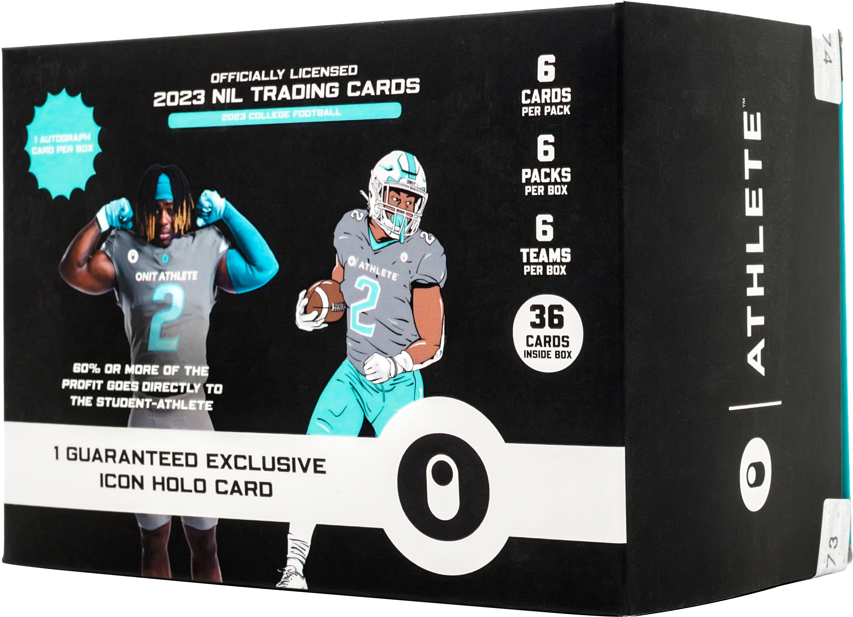 The text on the image reads: "Officially Licensed 6 NIL Trading Cards 2023 College Football Per Pack 2023 I Autograph Card Per Box 6 Packs Per Box S 6 Teams Athlete Per Box Onit Athlete 2 36 Cards Inside Box 60% Or More Of The Profit Goes Directly To The Student-Athlete 1 Guaranteed Exclusive Icon Holo Card o Athlete 0 7 3 73 73".