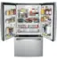 The image showcases a large, well-stocked refrigerator filled with various food items and drinks. The refrigerator is filled with multiple bottles, some of which are placed on different shelves. There are also several oranges and apples inside, adding to the variety of items stored. The refrigerator is open, revealing the abundance of food and drinks inside.