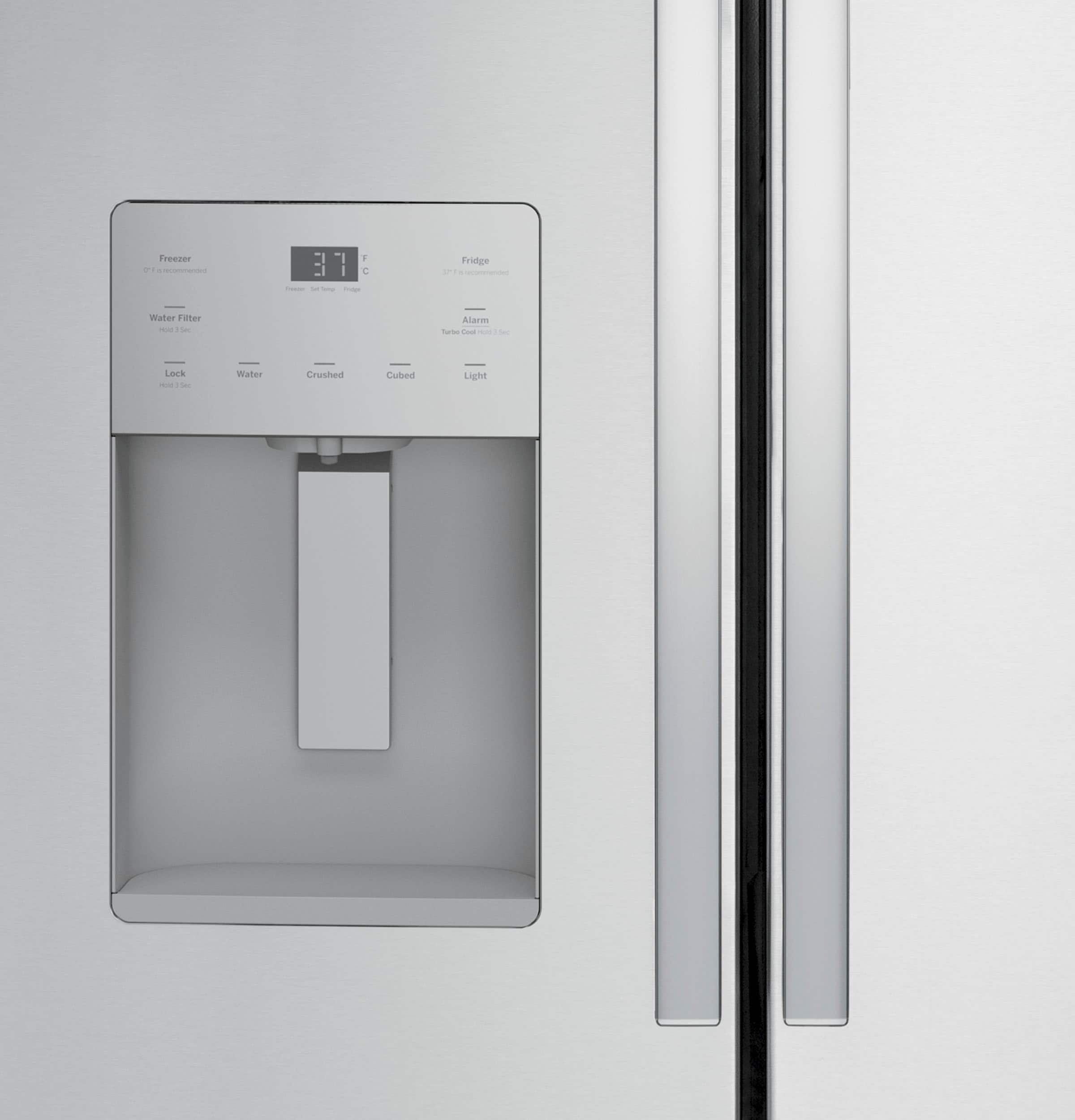 The image features a stainless steel refrigerator with a water dispenser on the door. The water dispenser has a digital display that shows the temperature of the water being dispensed. The refrigerator is equipped with a water crushed ice dispenser, which allows for easy access to cold water and ice. The refrigerator also has a lock feature to keep unauthorized individuals from accessing the contents.