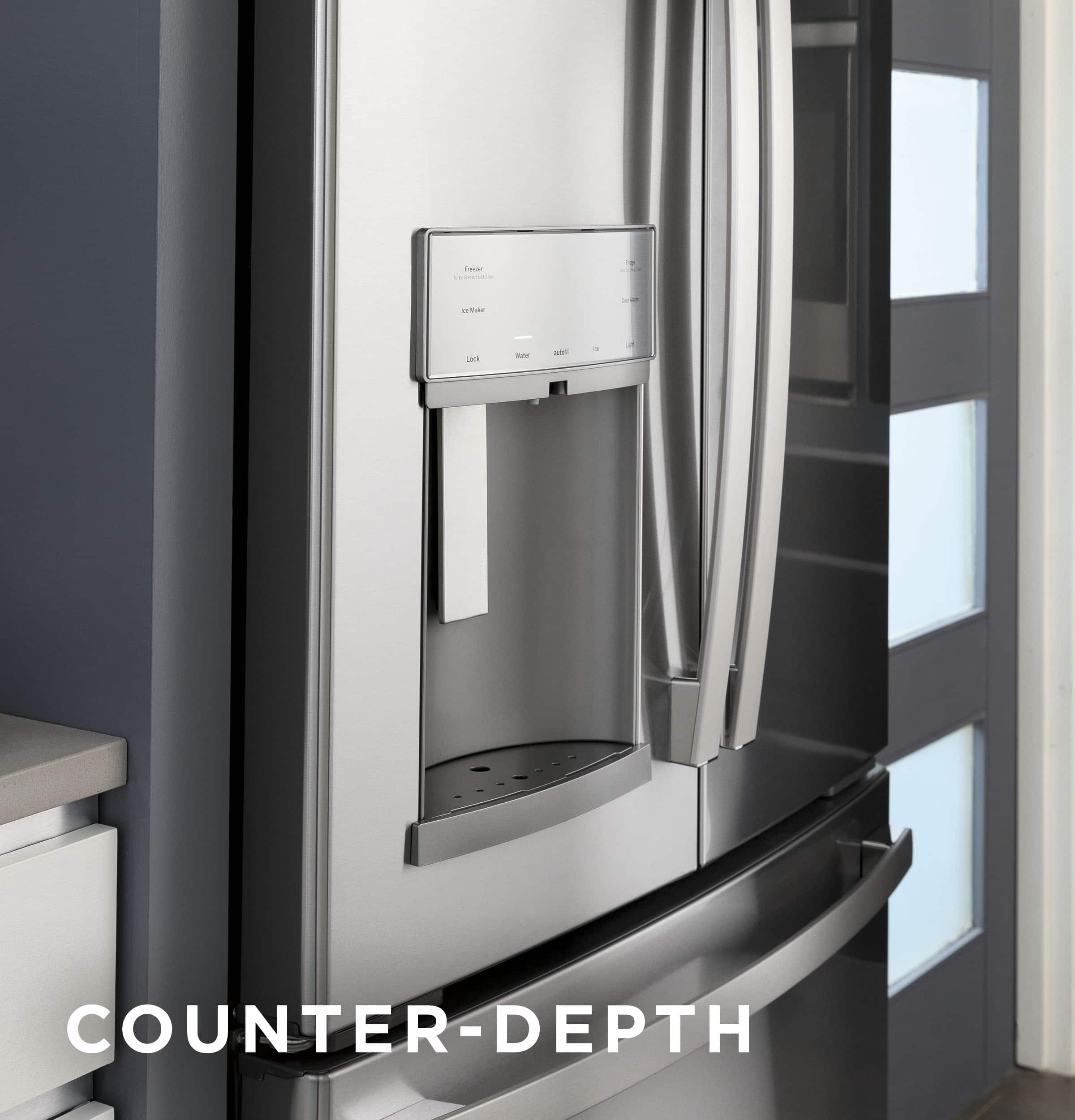 The image features a large, modern stainless steel refrigerator with a water dispenser on the door. The refrigerator is positioned in a kitchen, and it has a sleek, contemporary design. The counter-depth refrigerator is a popular choice for homeowners who want to maximize the available counter space in their kitchen.