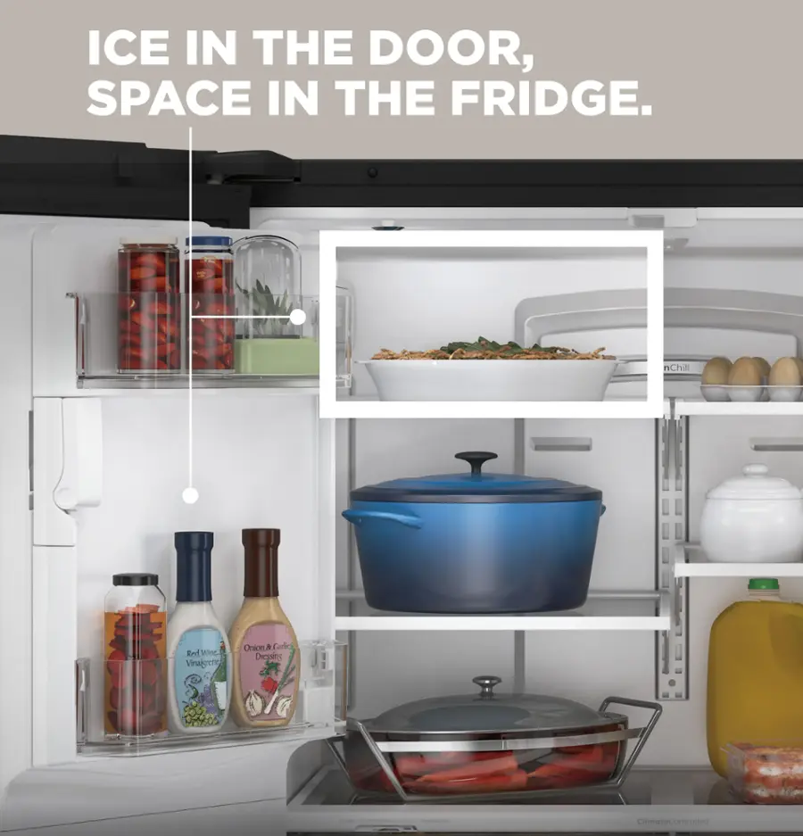 The image shows a refrigerator with its door open, revealing various food items and condiments stored inside. The refrigerator is filled with a variety of items, including a bowl, bottles, and a pizza. The refrigerator is also stocked with a number of carrots, which are placed in different sections of the fridge. The refrigerator door is open, displaying the contents and making it easy to access the food items.