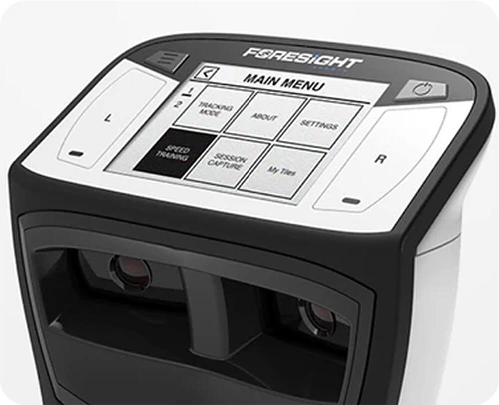 The image features a Foresight device with a large screen displaying the main menu. The menu includes options for tracking, settings, speed training, and capturing. The device is designed to help users improve their vision and is likely used for vision training and rehabilitation purposes.