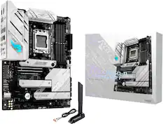 The image features a white and black computer tower, which is a part of the Strix B650 gaming system. The tower is accompanied by a black antenna, and the entire setup is displayed in a box. The box also contains a CD, which is likely a part of the gaming system setup. The Strix B650 gaming system is designed to provide an enhanced gaming experience with its powerful components and advanced features.