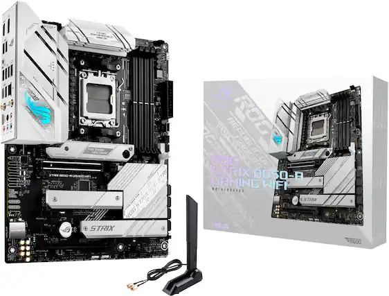 The image features a white and black computer tower, which is a part of the Strix B650 gaming system. The tower is accompanied by a black antenna, and the entire setup is displayed in a box. The box also contains a CD, which is likely a part of the gaming system setup. The Strix B650 gaming system is designed to provide an enhanced gaming experience with its powerful components and advanced features.