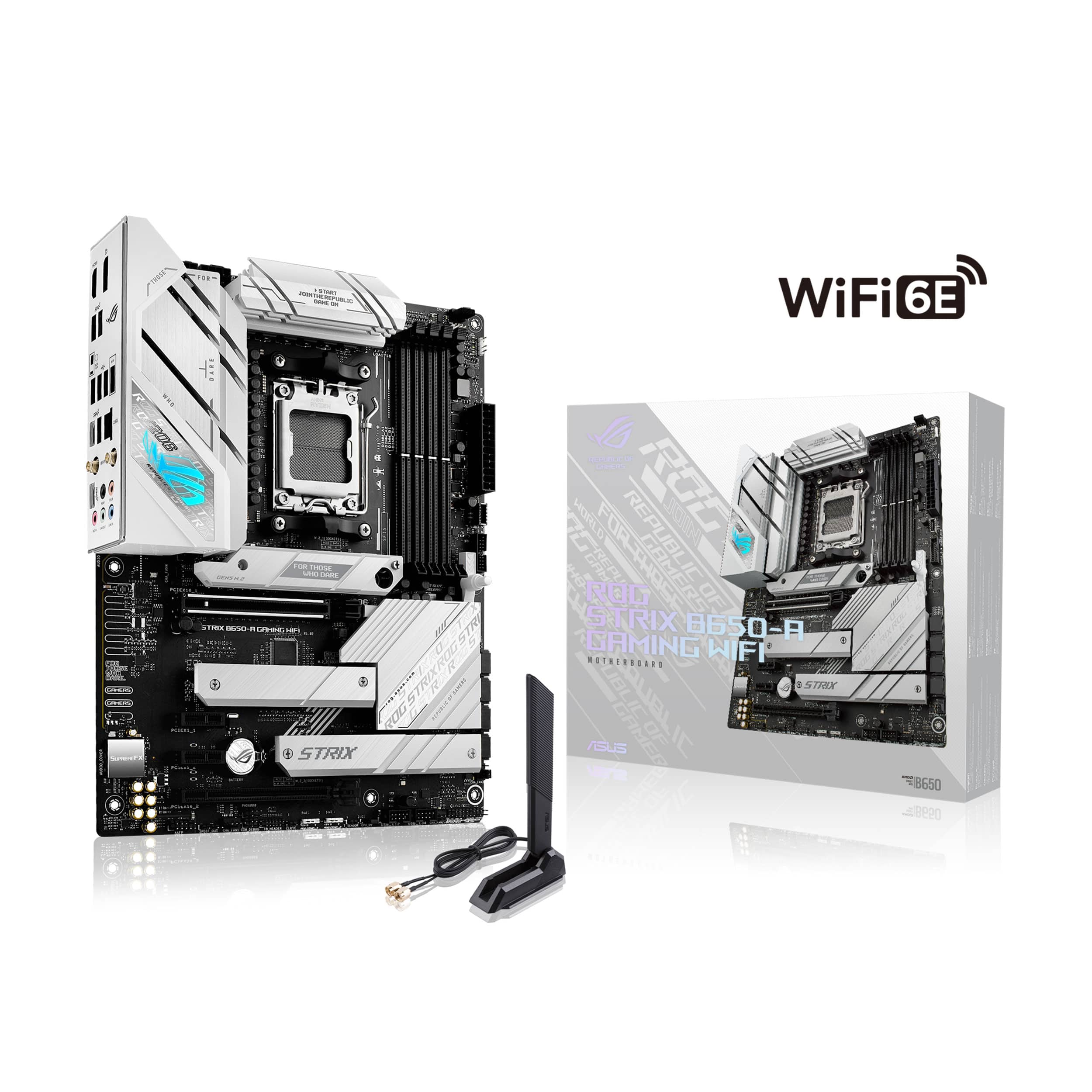 The text on the image reads: "WiFi 6E 4.3 GHz 11n ASUS ROG STRIX B650-GAMING WIFI."