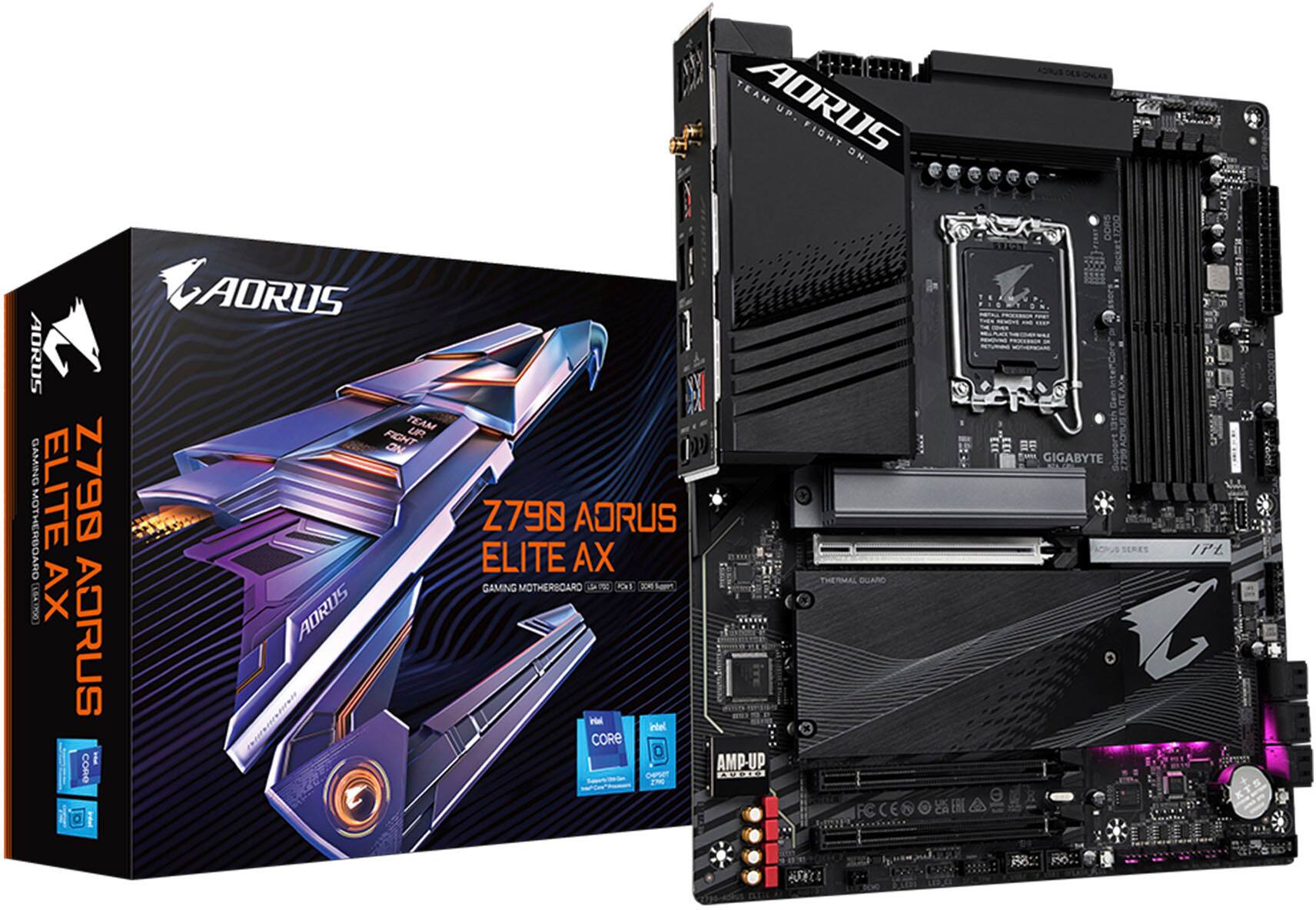 The image features a computer system with a motherboard and a box that says "Aorus Elite." The box is opened, revealing the motherboard and its components. The system is designed to be a high-performance gaming machine, with a focus on the Aorus Elite AX. The motherboard is placed on top of a black case, which is likely to be a part of the computer setup.
