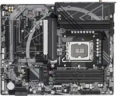 The image features a computer motherboard with a processor and memory slots. The motherboard is made by Gigabyte and supports Intel Core processors. The board is designed to be durable and ready for the latest technology. The motherboard has a USB 3.0 port, which allows for faster data transfer. The image also shows the back of the motherboard, which has a variety of connectors and ports for attaching peripherals.