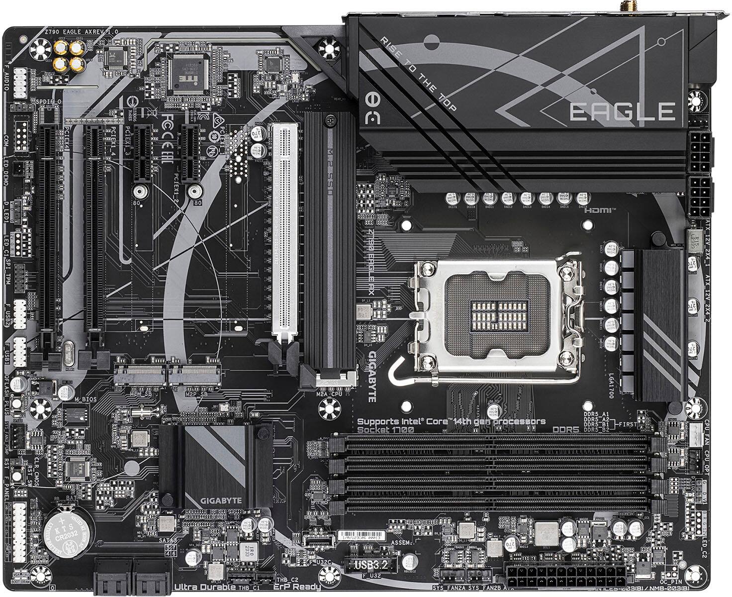 The image features a computer motherboard with a processor and memory slots. The motherboard is made by Gigabyte and supports Intel Core processors. The board is designed to be durable and ready for the latest technology. The motherboard has a USB 3.0 port, which allows for faster data transfer. The image also shows the back of the motherboard, which has a variety of connectors and ports for attaching peripherals.