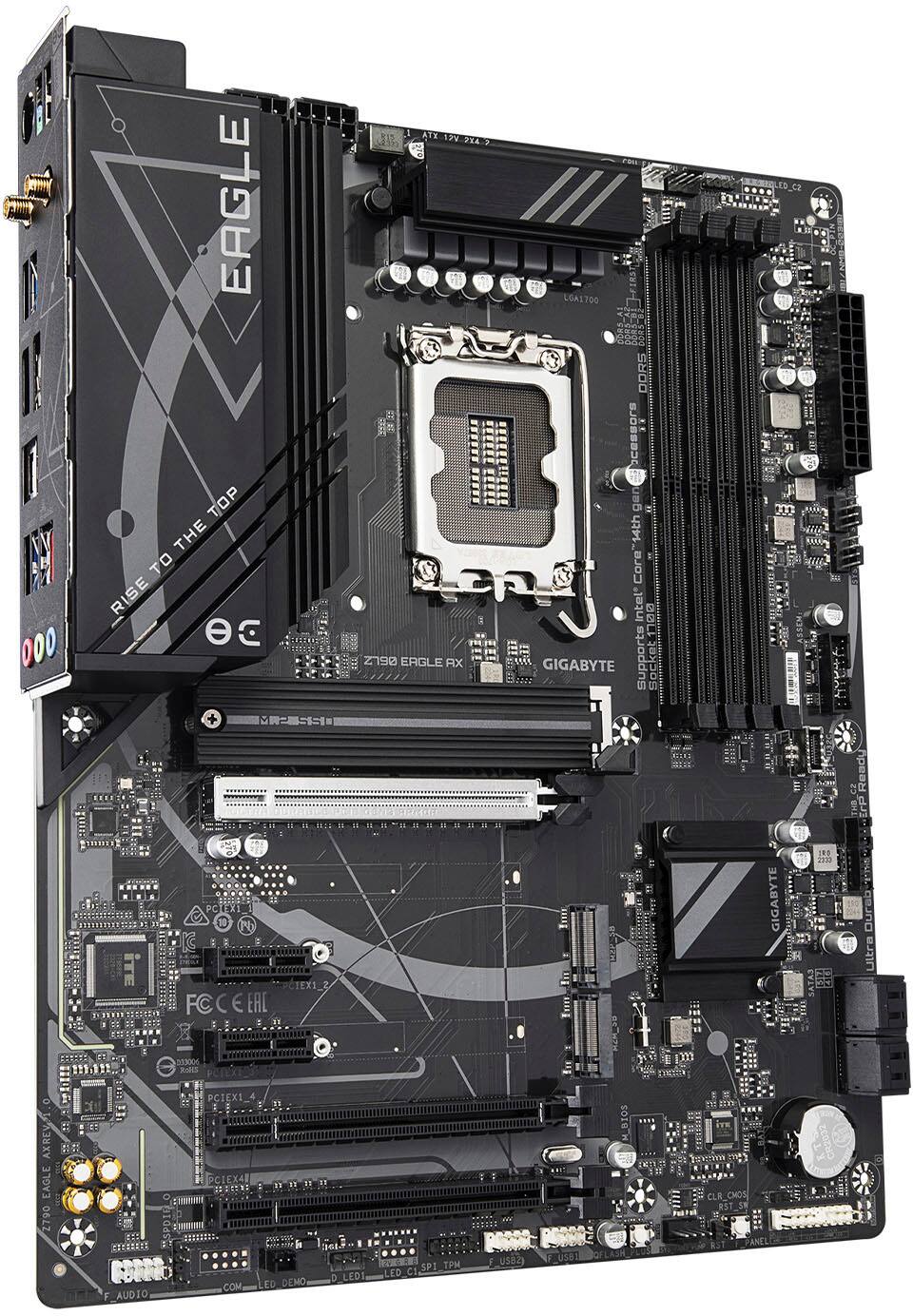 The image features a computer motherboard with a Gigabyte logo on the top. The motherboard is black and has a variety of ports and connectors, including a USB port. The close-up view of the motherboard highlights its intricate design and the numerous components that make up the device.