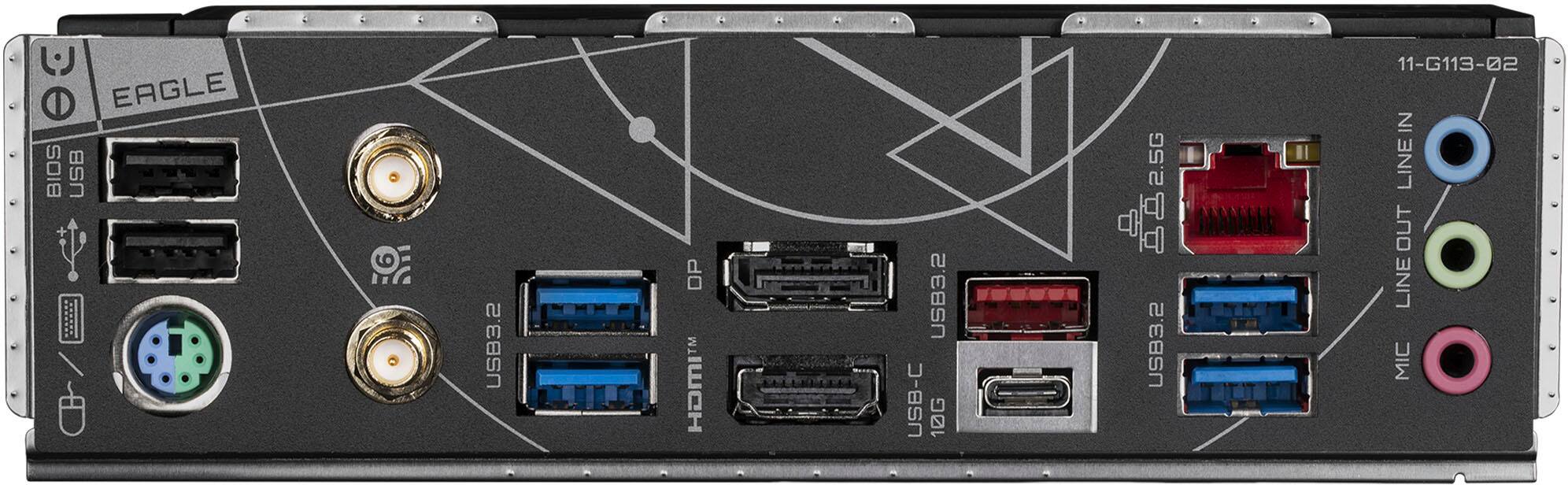 The image features a computer with a USB 3.2 port on the back. The USB port is surrounded by several other ports, including a USB-C port, a 10G port, and a 2.5G port. The computer also has a headphone jack and a line-in port. The back of the computer is covered in various ports, making it a versatile device for connecting to different devices and peripherals.