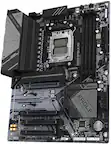 The image features a close-up of a computer motherboard, specifically a Gigabyte Eagle motherboard. The board is black and white, and it is designed for the B650 chipset. The motherboard is equipped with various components, including a CPU socket, RAM slots, and a PCIe slot. The board is also adorned with the Eagle logo, which is a symbol of quality and performance.