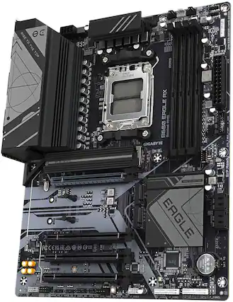 The image features a close-up of a computer motherboard, specifically a Gigabyte Eagle motherboard. The board is black and white, and it is designed for the B650 chipset. The motherboard is equipped with various components, including a CPU socket, RAM slots, and a PCIe slot. The board is also adorned with the Eagle logo, which is a symbol of quality and performance.