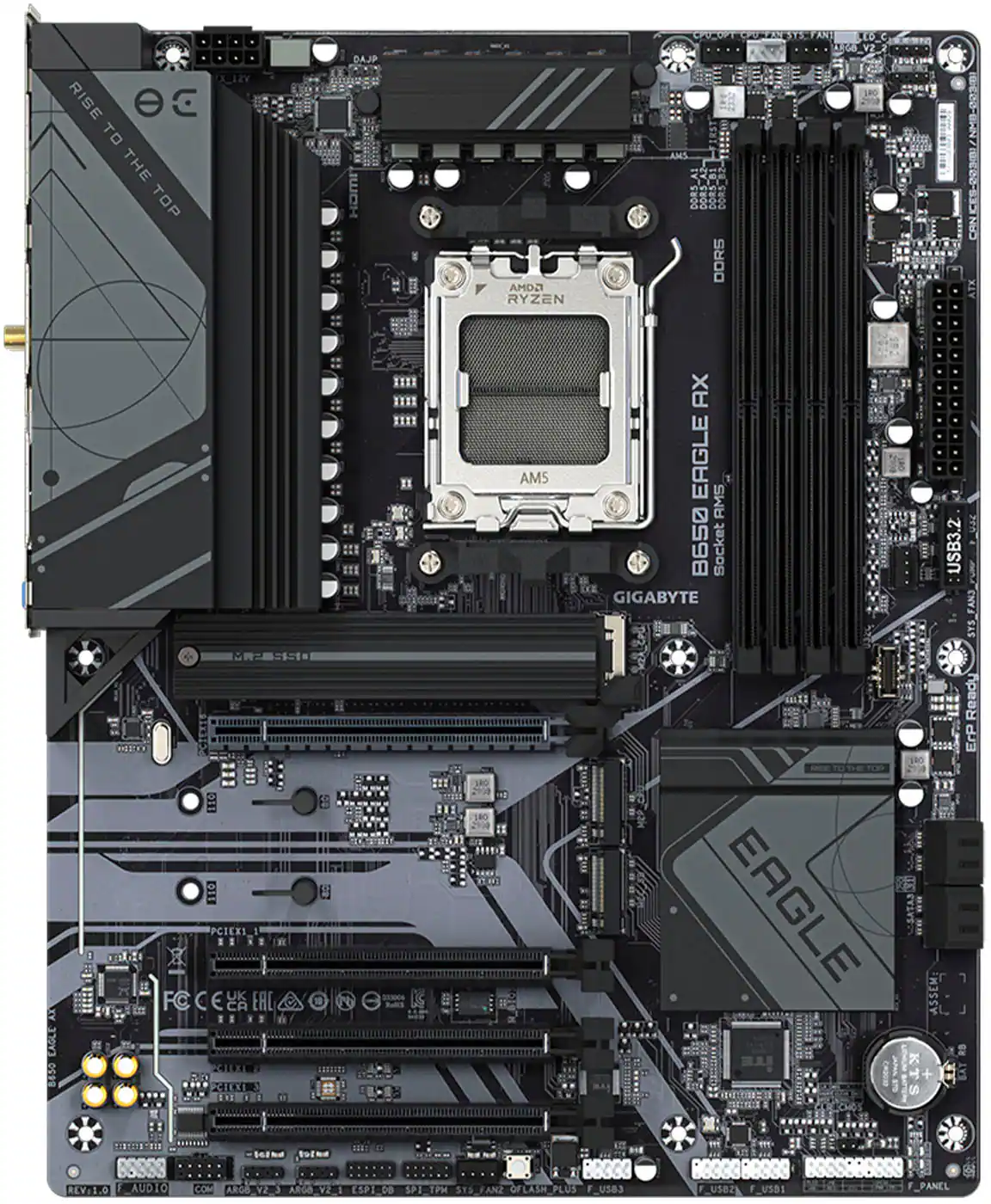 The image features a computer motherboard with a USB 3.2 port. The motherboard is made by Gigabyte and is designed for the AMD Ryzen processor. The board has a USB 3.2 port, which is a fast and efficient way to transfer data. The motherboard is also equipped with an Ethernet port, which allows for high-speed internet connectivity. The overall design of the motherboard is sleek and modern, making it an ideal choice for users looking to build a powerful and efficient computer.