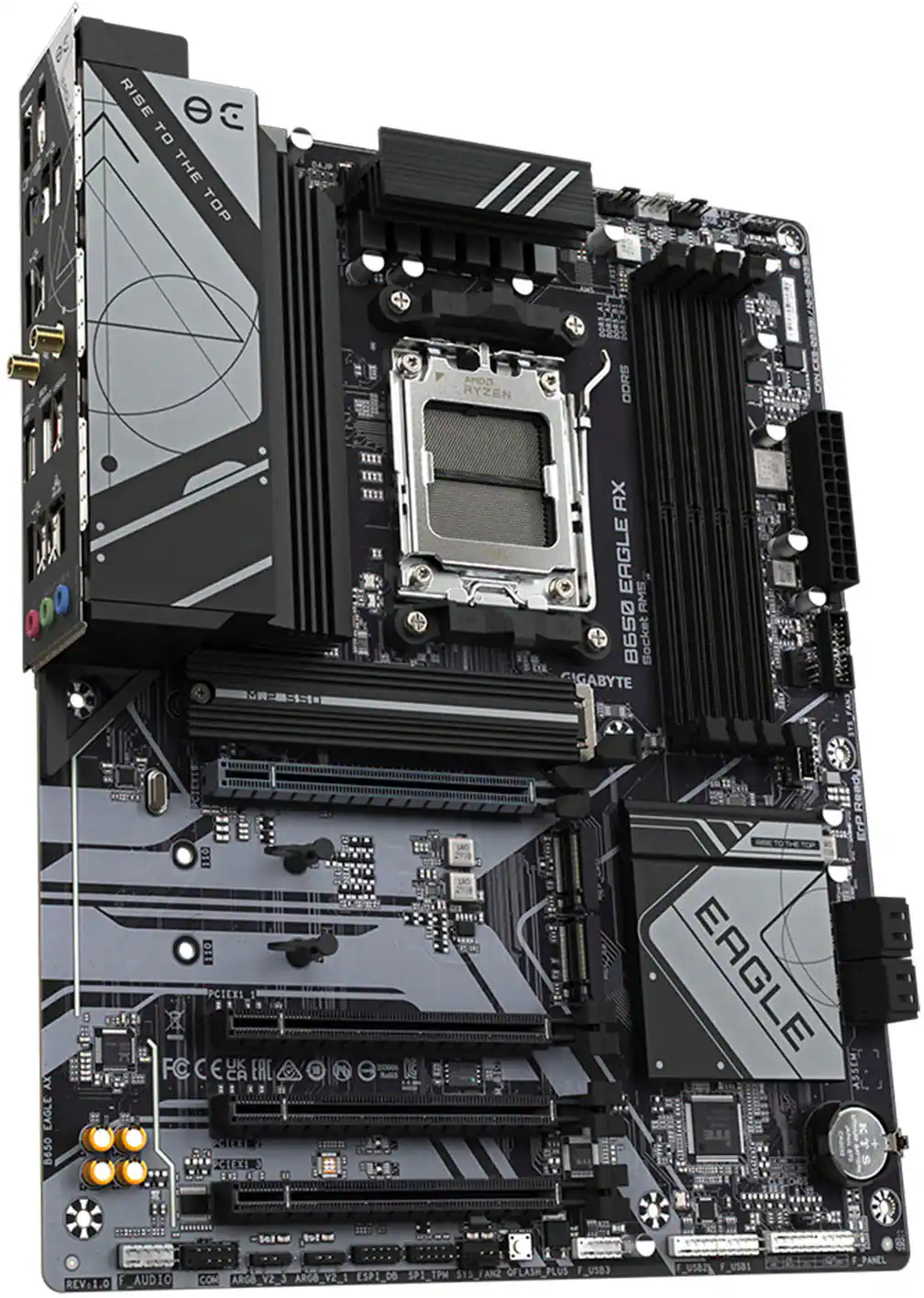 The image features a computer motherboard, specifically a Gigabyte B650 motherboard, with a CPU and RAM installed. The motherboard is placed on a white background, making it stand out. The text "RISE TO THE TOP" is displayed prominently in the top left corner of the image, emphasizing the performance and capabilities of the motherboard.